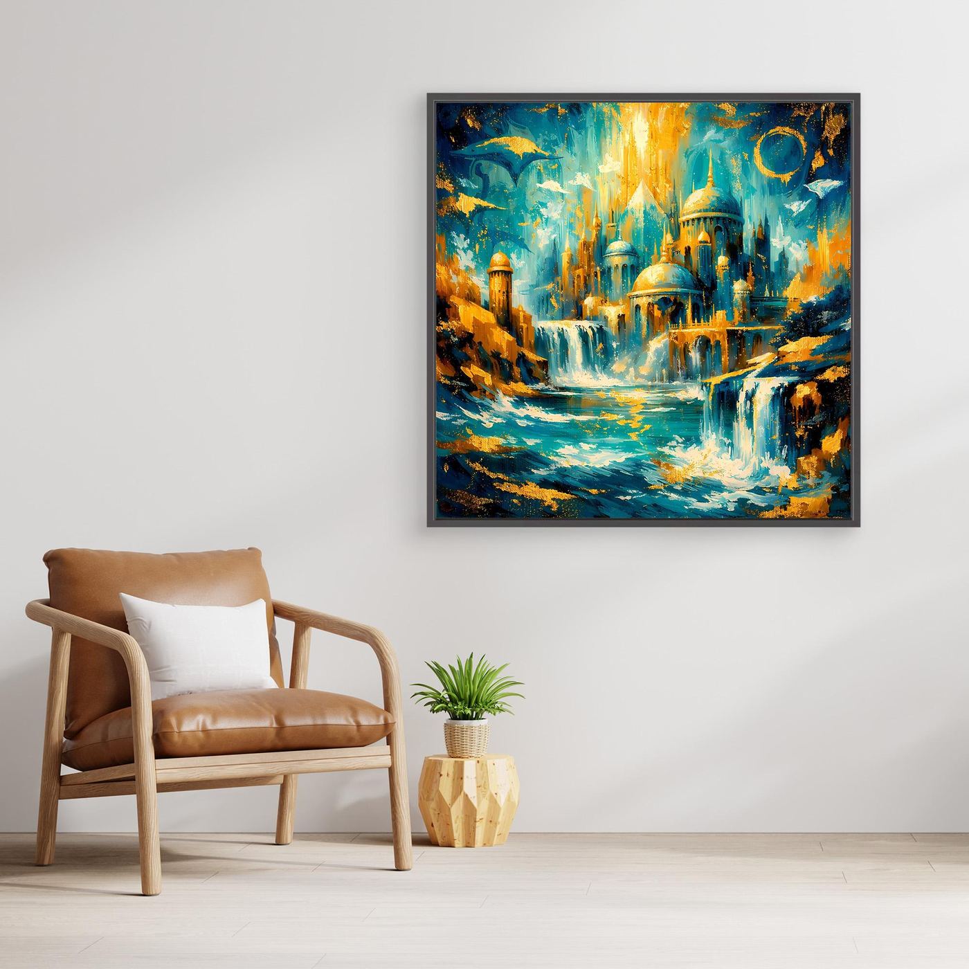 Quadratisches Leinwandbild mit Holzrahmen: Fantasy-Palast mit Wasserfällen, türkis und golden