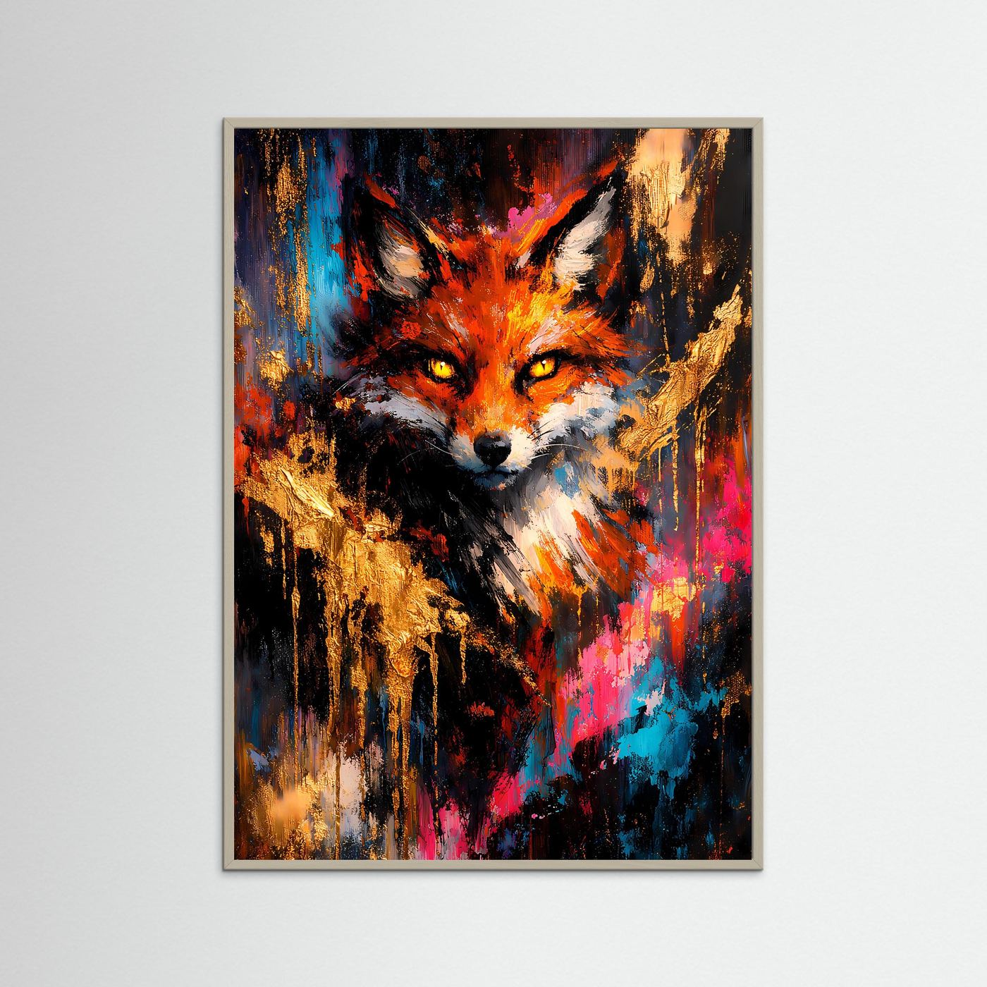 Abstraktes Fuchs-Kunstposter, hochkant, im braunen Rahmen; orange, blau und pink gemischt.