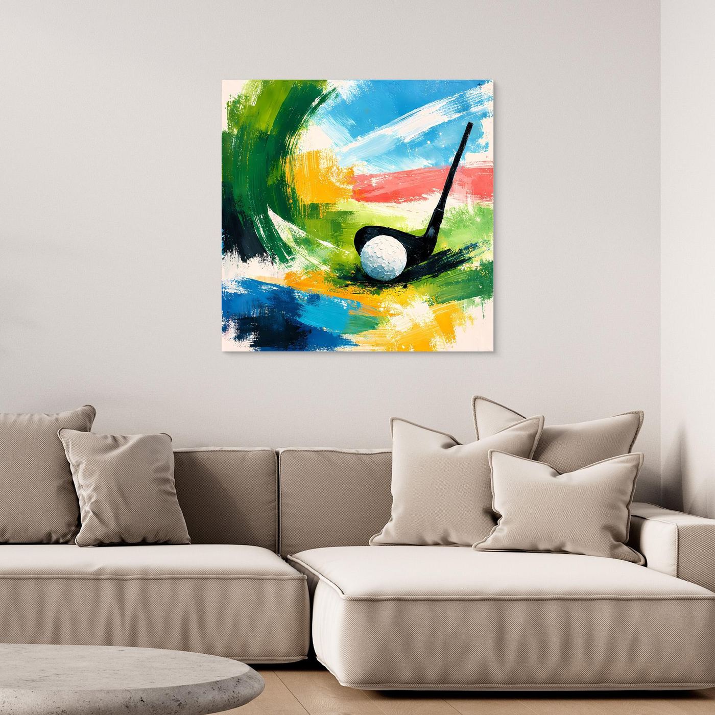 Abstraktes Leinwand-Wandbild mit Golfmotiv: schwarzer Schläger und grauer Ball, bunte Pinselstriche