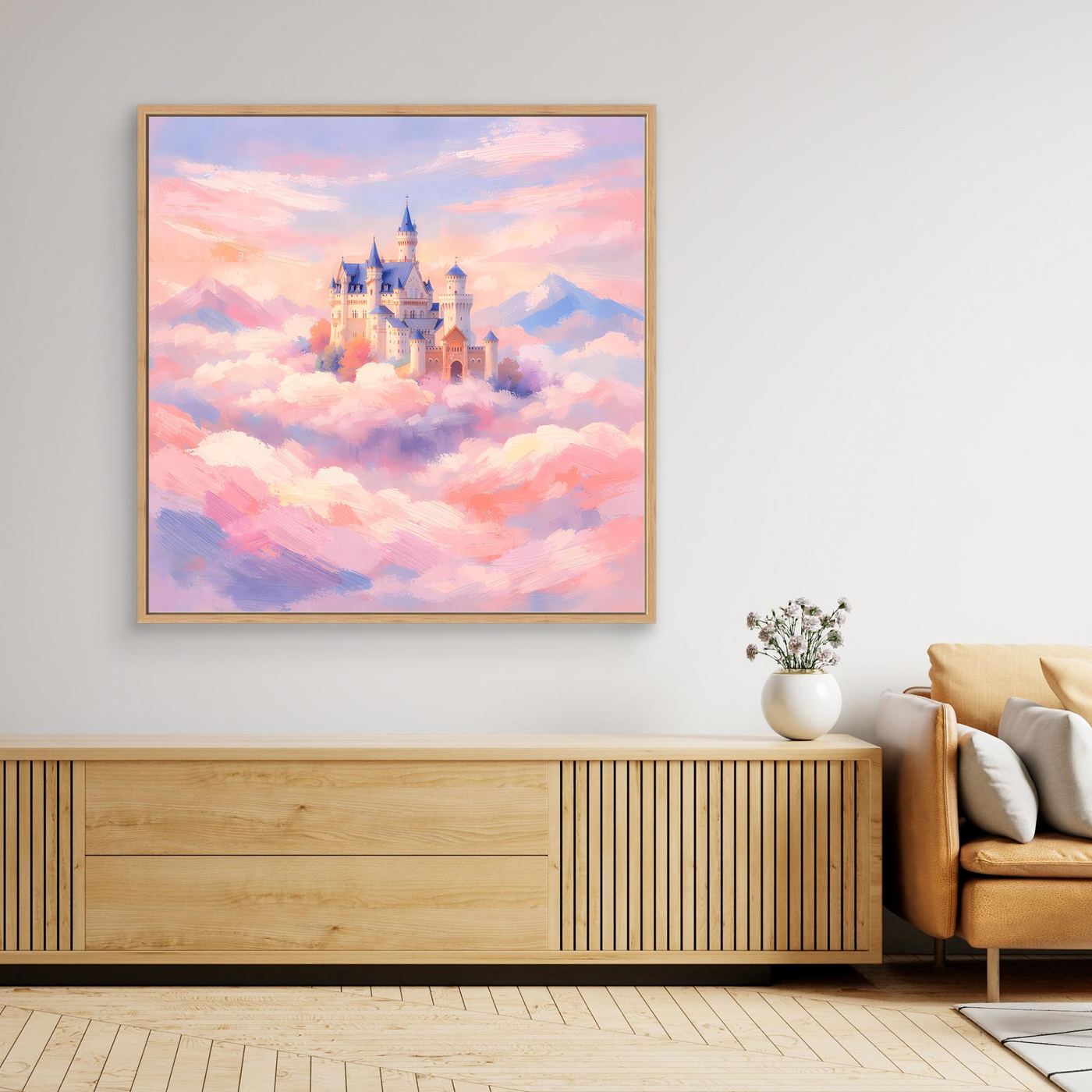 Leinwand Schloss Neuschwanstein über Wolken | Märchenhafte Pastelltöne Wandbild