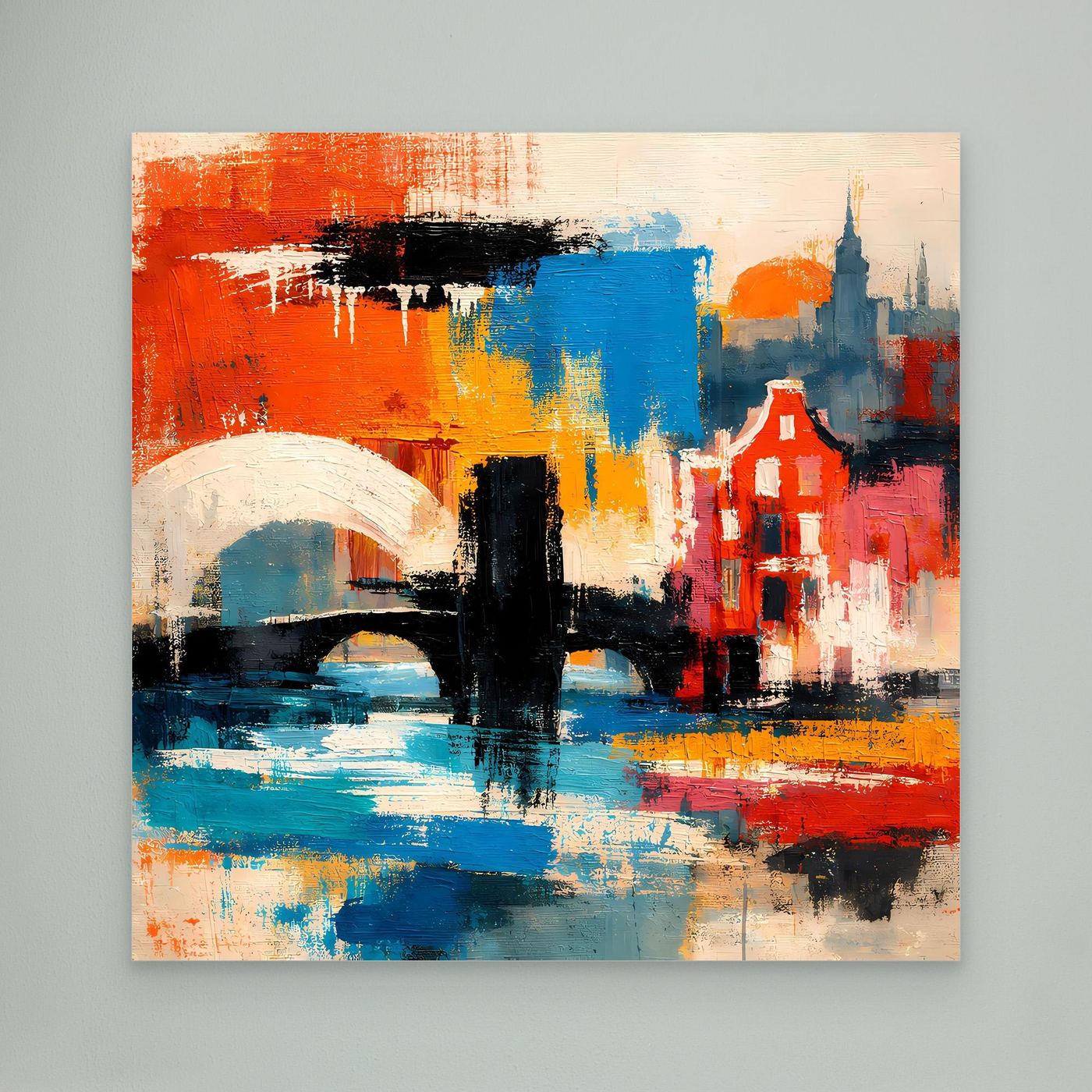Leinwand-Wandbild mit abstrakter Stadtansicht in Rot, Blau und Gelb, ohne Rahmen