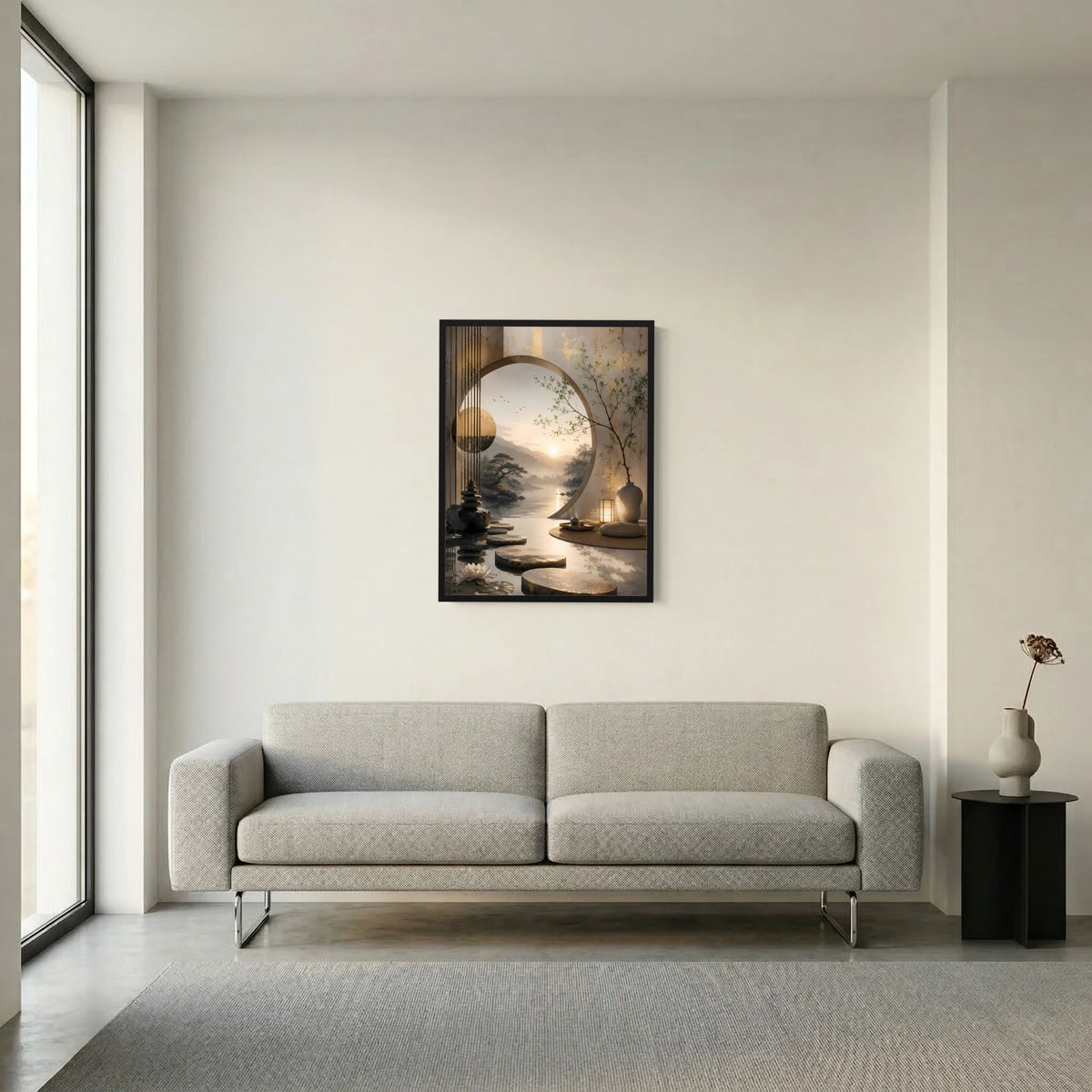 Hochformatiges Poster im schwarzen Rahmen an der Wand über dem Sofa mit Zen-Garten-Landschaft.