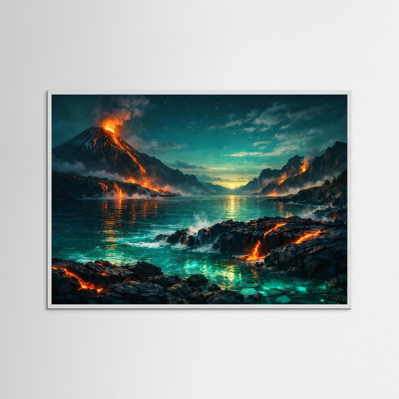 Wandbild Vulkanlandschaft am Meer, grau gerahmt
