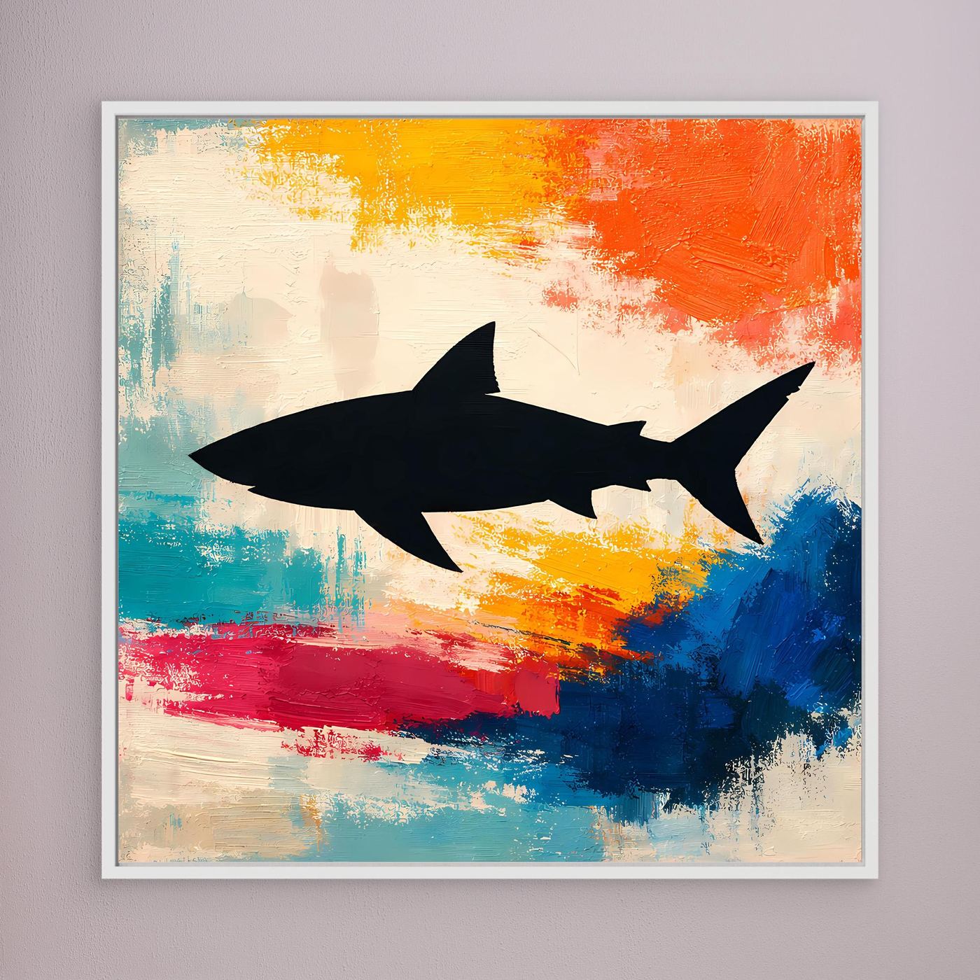 Leinwand Minimalistische Hai-Silhouette im Farbenmeer | Abstraktes Pop-Art Wandbild