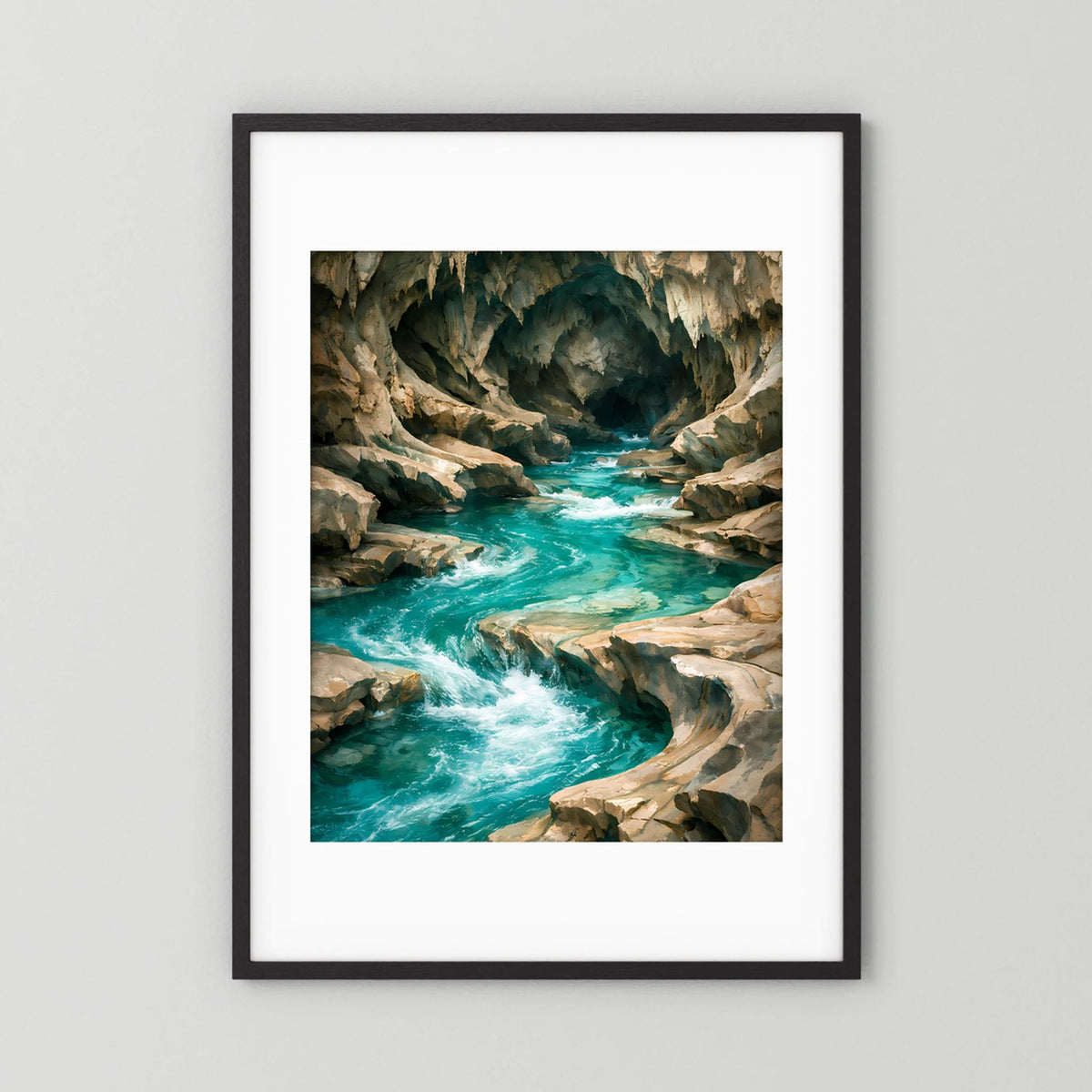 Kunstposter im Hochformat mit schwarzem Rahmen: türkisfarbenes Höhlenwasser und Felsenpfade