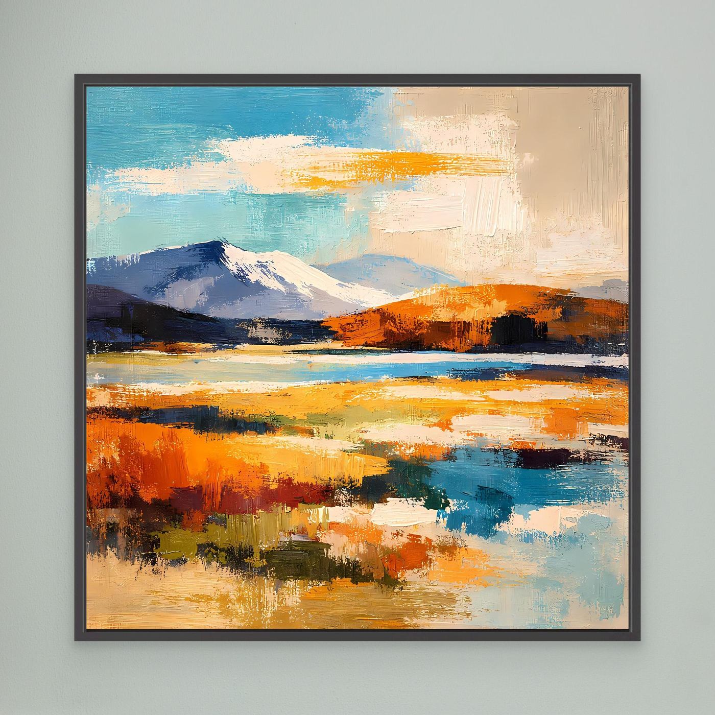 Abstraktes Leinwandbild mit Bergen, See und Farbflecken in Blau/Orange; schwarzer Rahmen