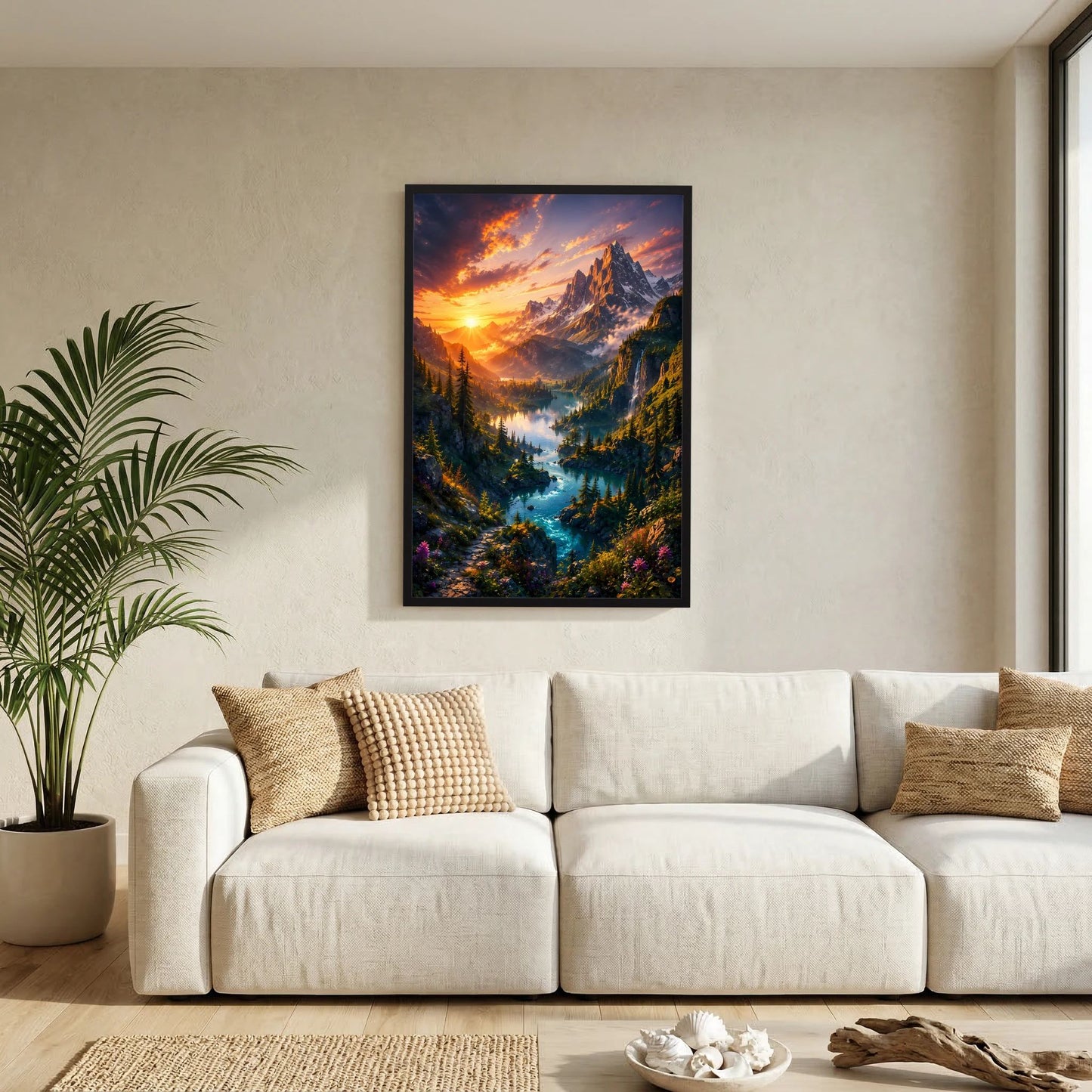 Hochformat-Poster mit schwarzem Rahmen und Berglandschaft, türkisfarbener Fluss bei Sonnenaufgang