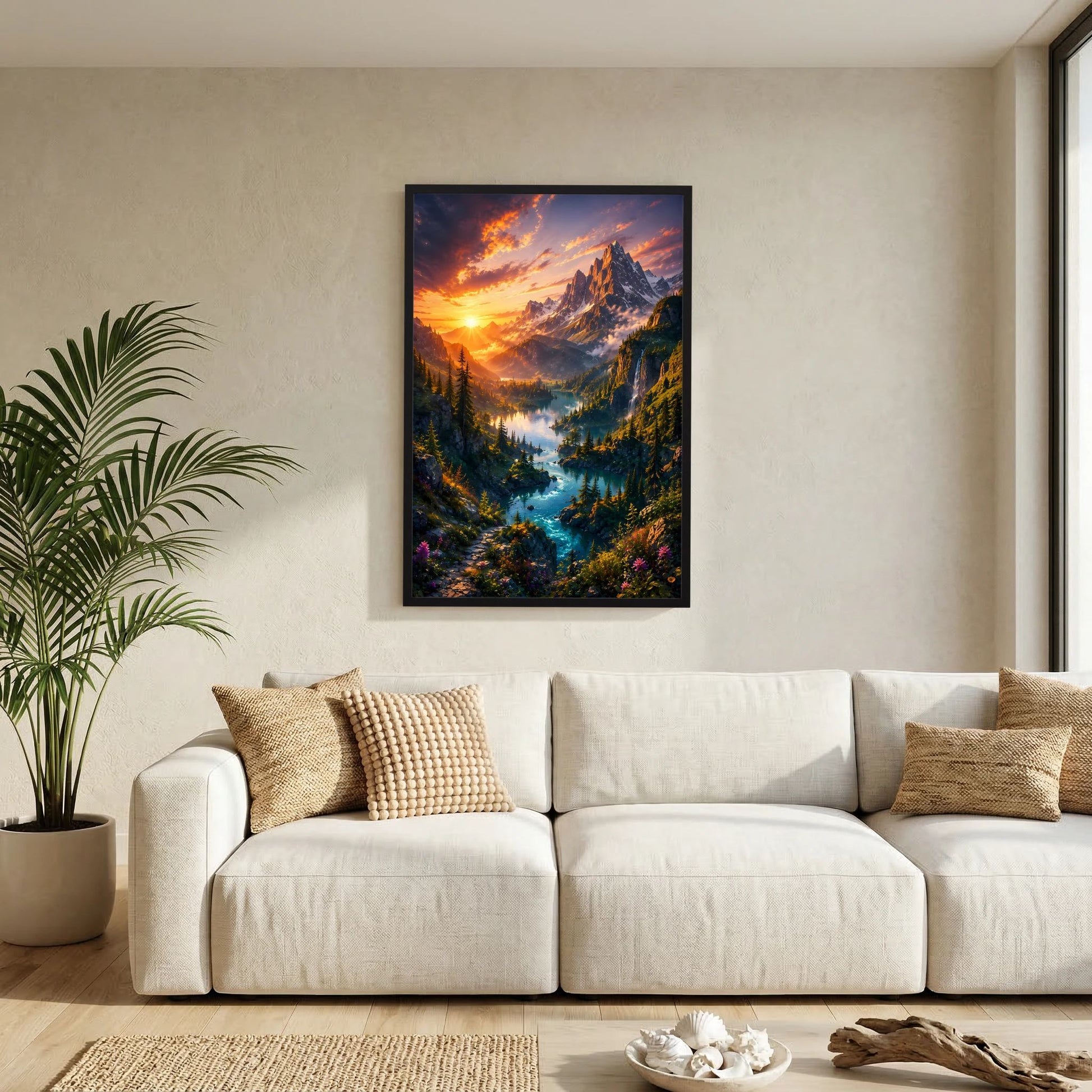 Hochformat-Poster mit schwarzem Rahmen und Berglandschaft, türkisfarbener Fluss bei Sonnenaufgang