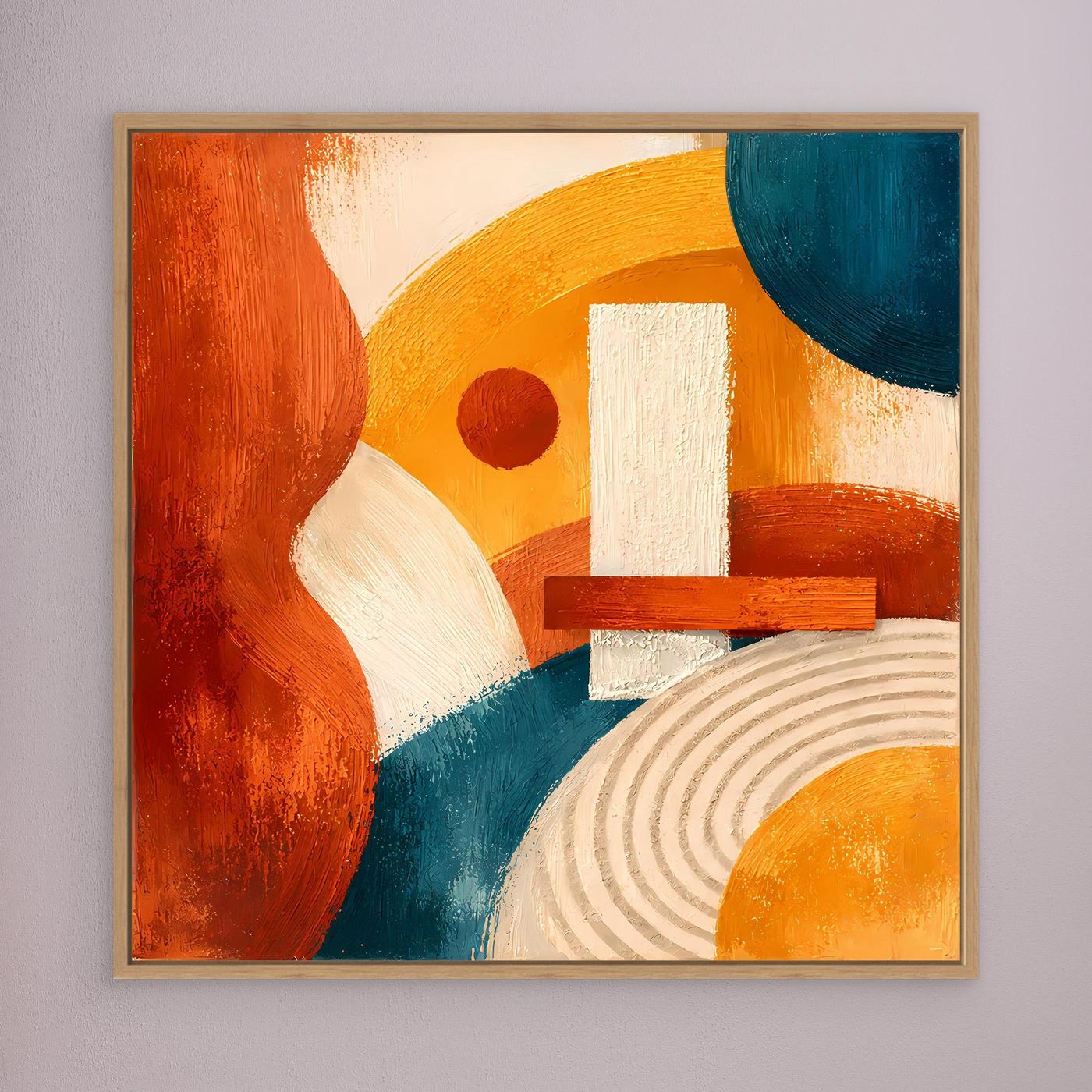 Gerahmtes Leinwandbild mit geometrischen Motiven in Terrakotta, Ocker, Blau und Weiß