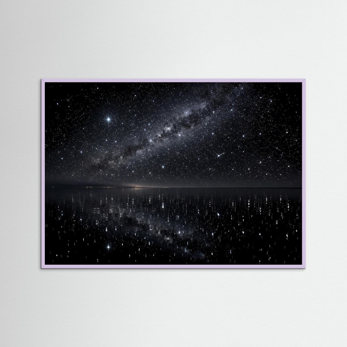 Poster Sternenhimmel mit Spiegelung im Wasser, lila Holzrahmen