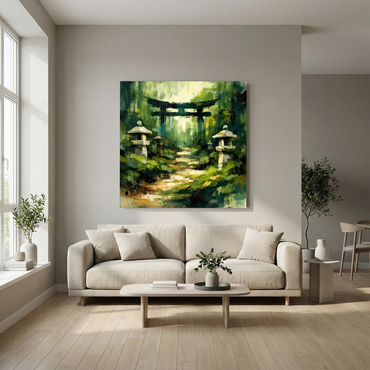 Leinwandbild mit Torii-Tor, Wegführung durch den Wald und Steinlaternen in Grün
