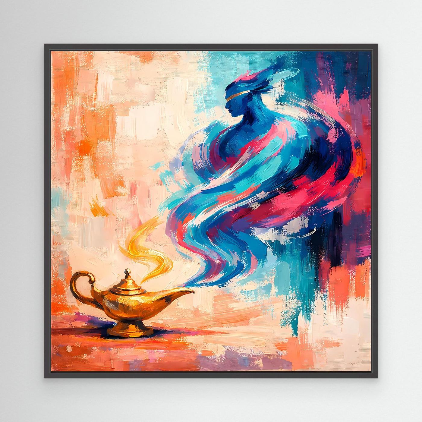 Schwarzer Rahmen: Leinwand-Wandbild mit abstraktem blauem Flaschengeist und goldener Lampe