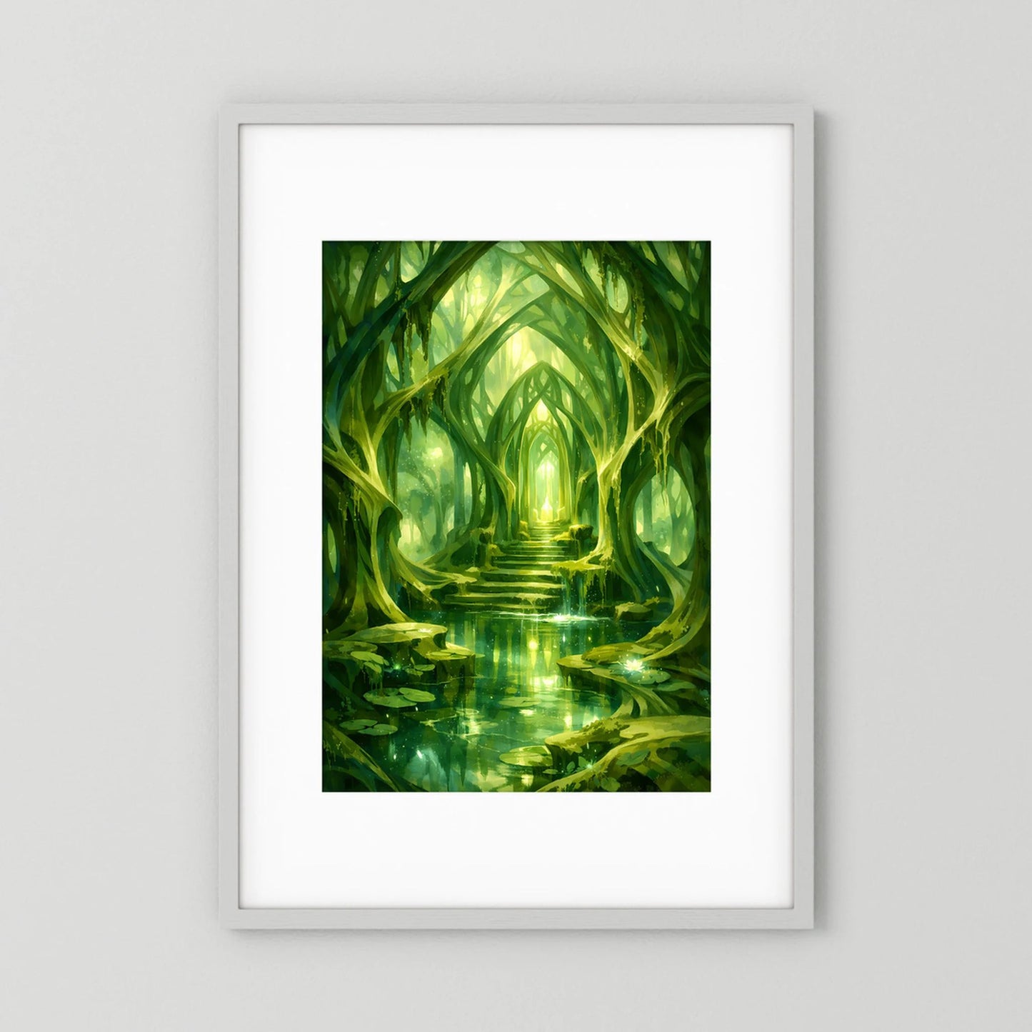 Kunstposter im Hochformat: grüner Waldtempel mit leuchtenden Lichtern