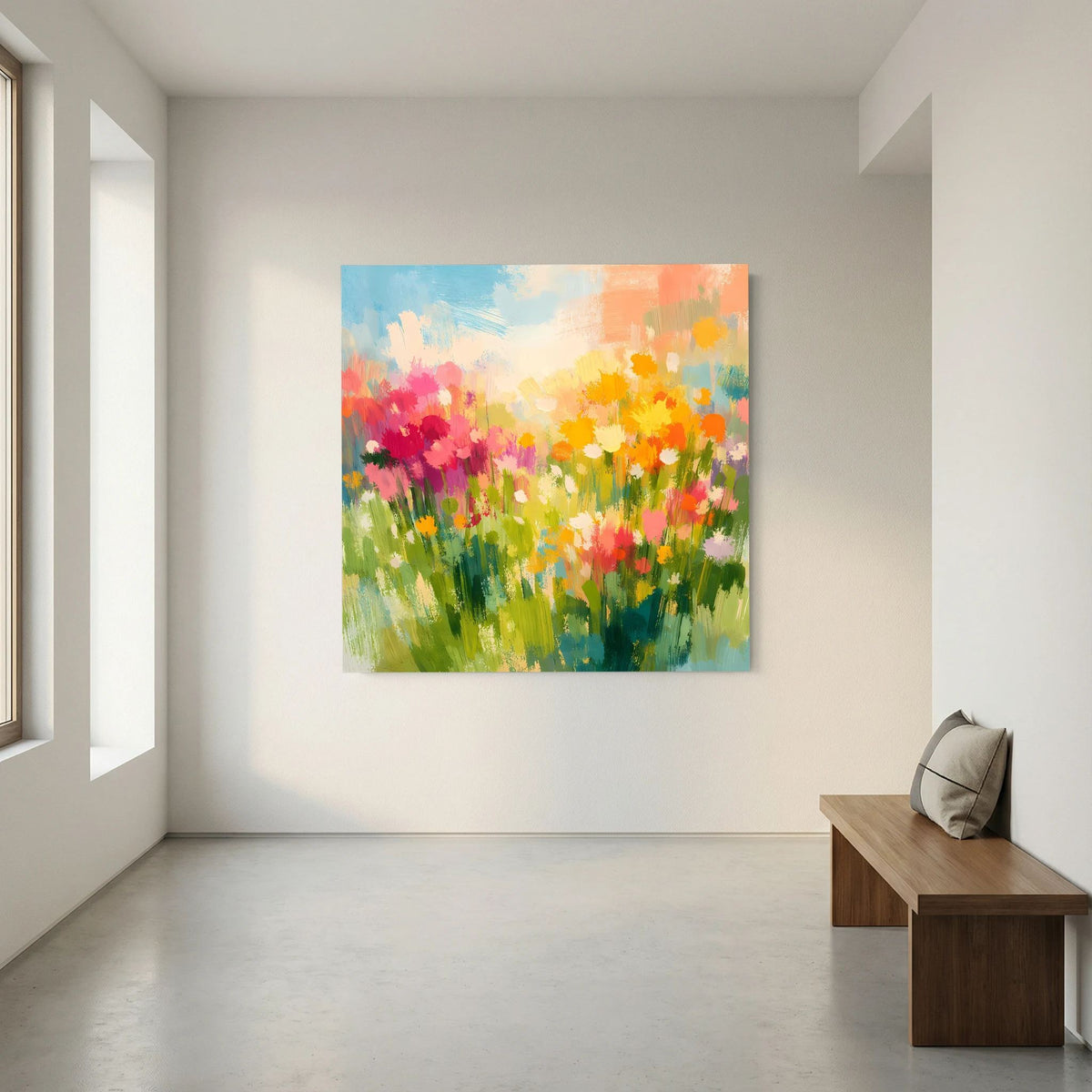 Leinwandbild mit abstrakten Wildblumen über Sofa, Holzrahmen, bunter Farbverlauf
