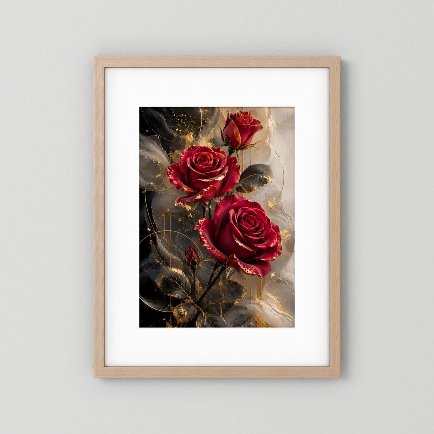 Hochformat-Poster im hellem Holzrahmen mit weißer Passepartout, drei rubinrote Rosen und Gold