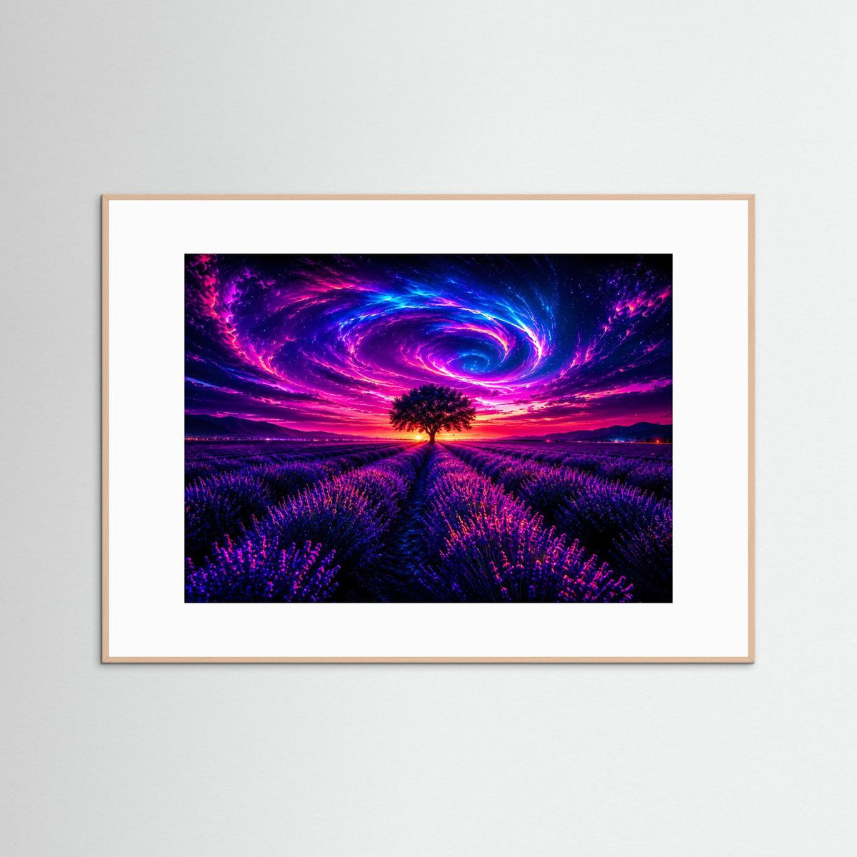 Neon-Wandbild: Lavendelfeld mit surrealem Sternenhimmel und Baum, naturbraun gerahmt