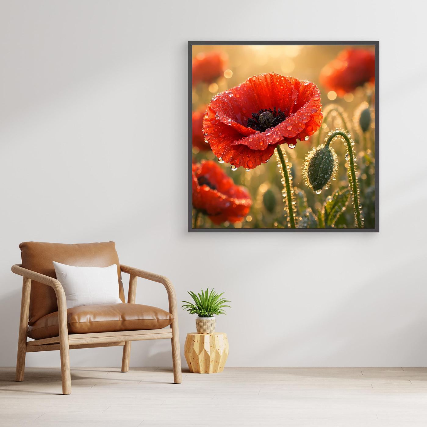 Quadratisches Leinwandbild mit rotem Klatschmohn und grünem Blütenhintergrund