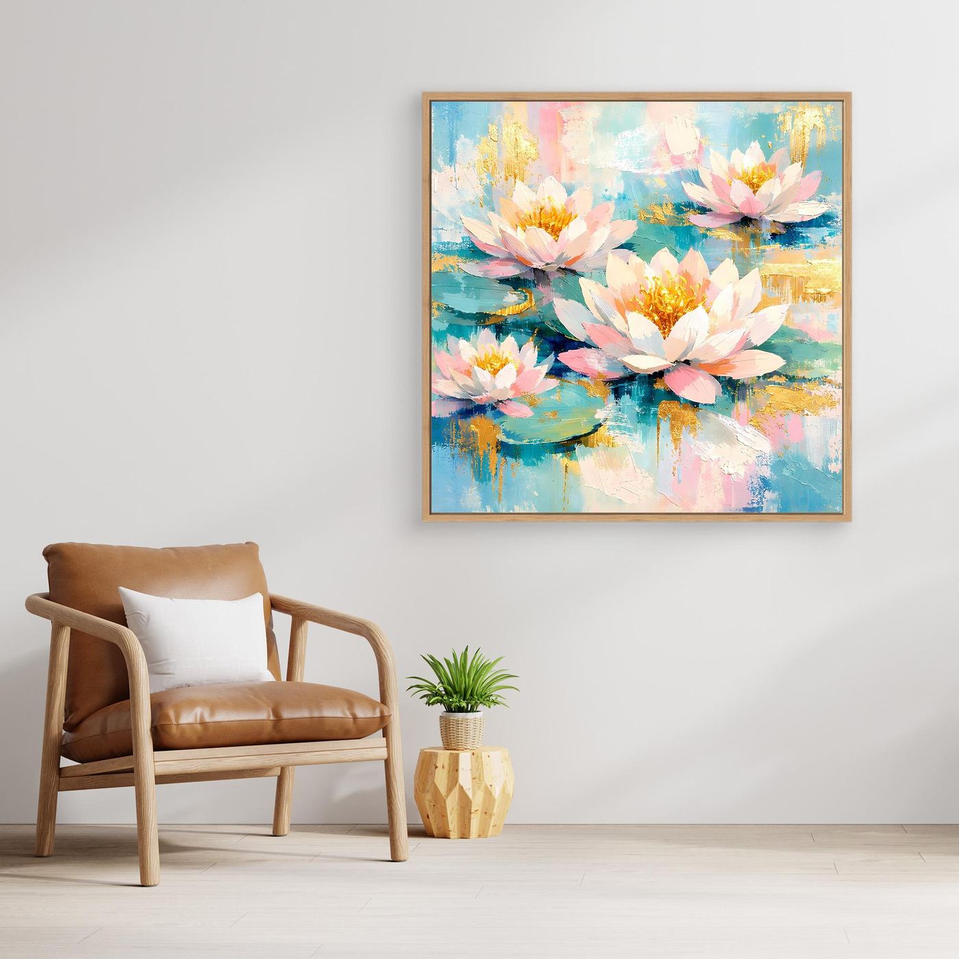 Leinwandbild mit Seerosenblüten in Pastellfarben mit braunem (Eichen-)Rahmen