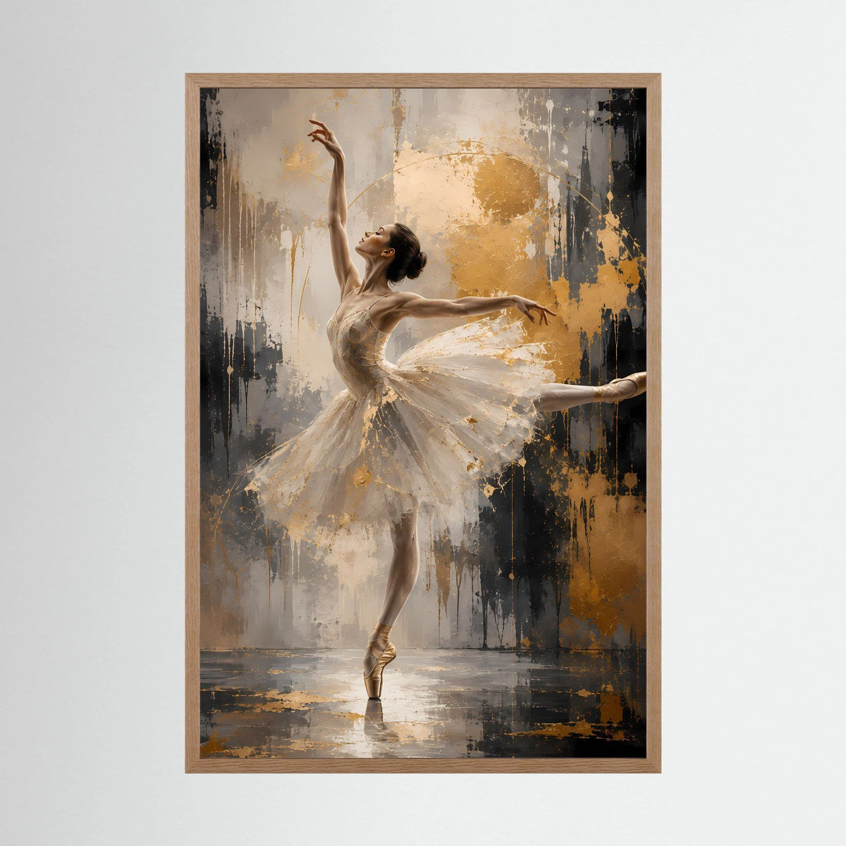 Hochformatiges Poster mit Ballerina im cremefarbenen Tutu, im hellen Holzrahmen