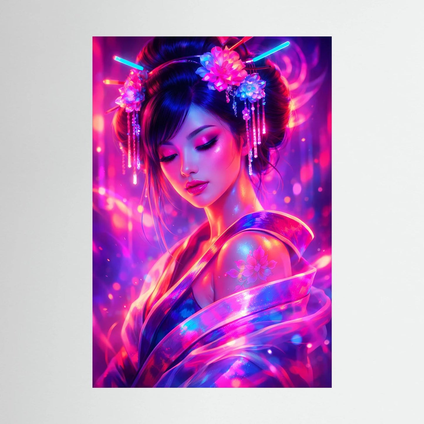 Neon-Poster im Close-up: geishaähnliche Frau mit Blumen-Haarreif, pink-blauer Lichtoptik
