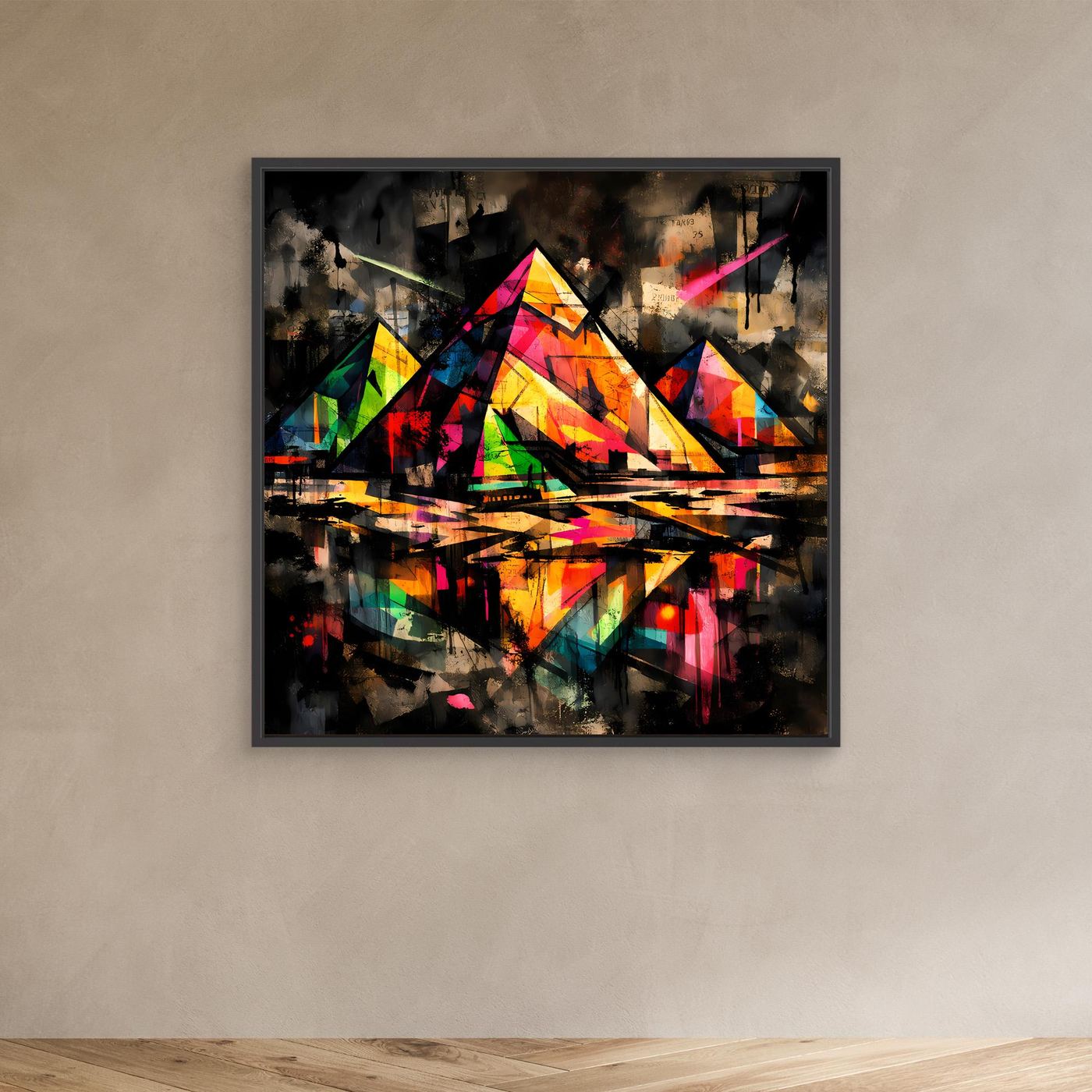 Leinwandbild: abstrakte bunte Pyramiden im Street-Art-Stil, dunkler Hintergrund, schwarzer Rahmen
