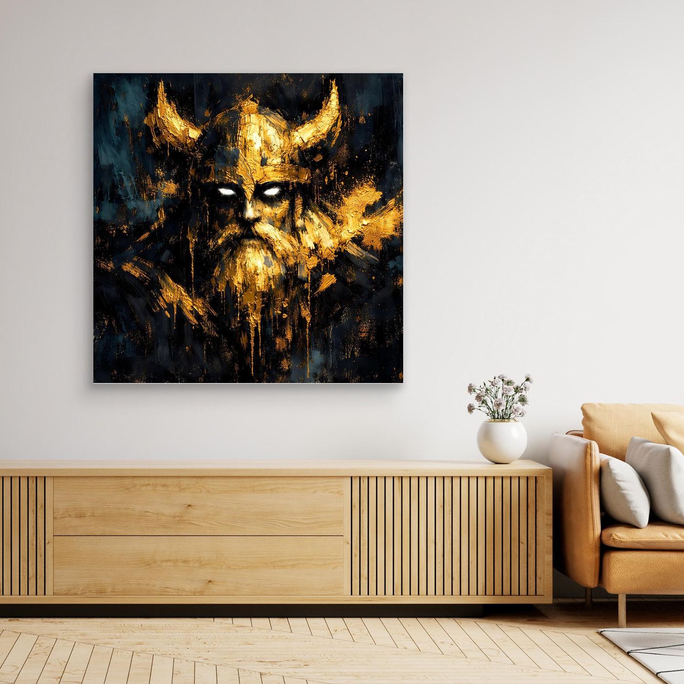 Leinwand Mystischer Wikinger in Gold und Schwarz | Modernes Abstraktes Krieger Wandbild