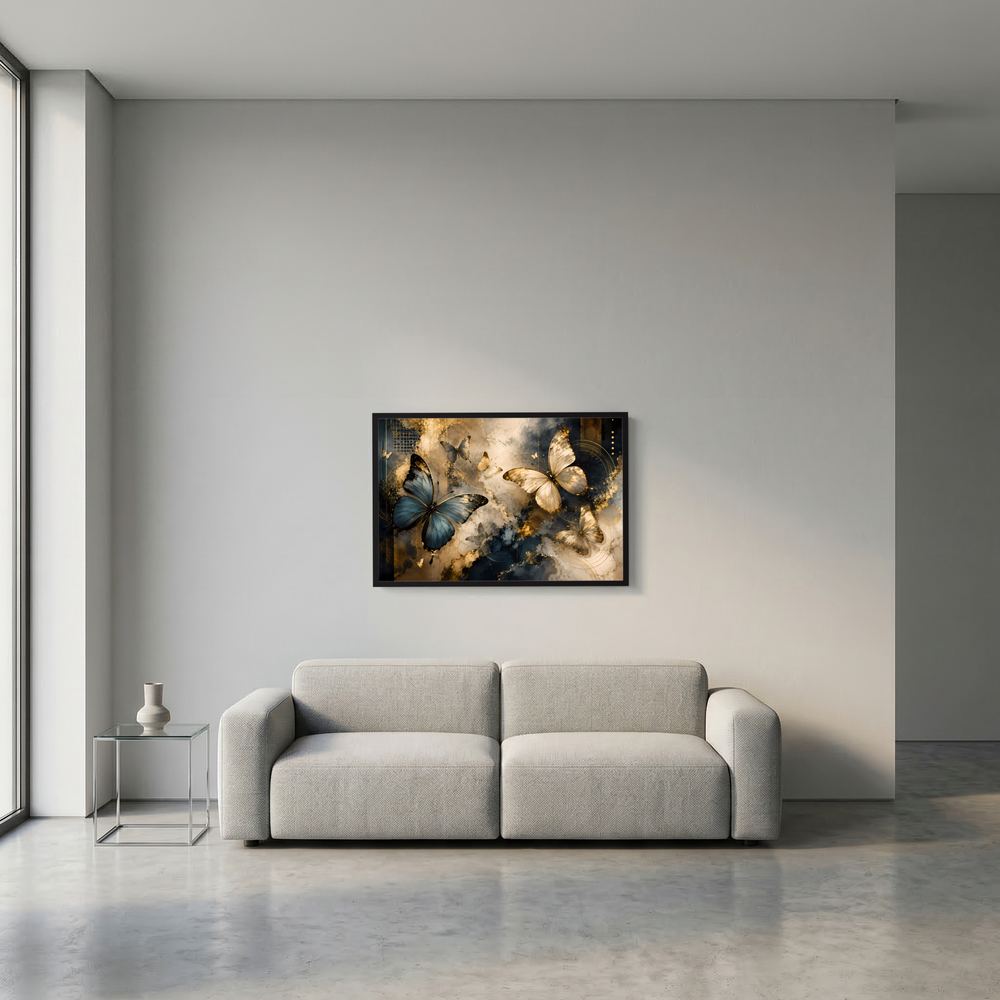 Kleines Querformat-Poster mit Schmetterlingen in Blau, Creme und Gold im schwarzen Rahmen