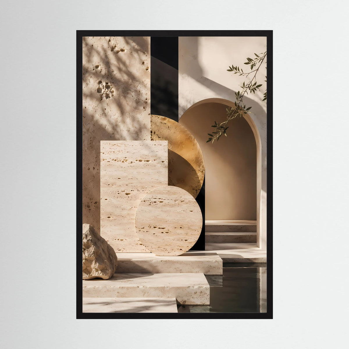 Kunstposter im Hochformat mit beige-goldener Architektur, gerahmt in schwarzem Rahmen