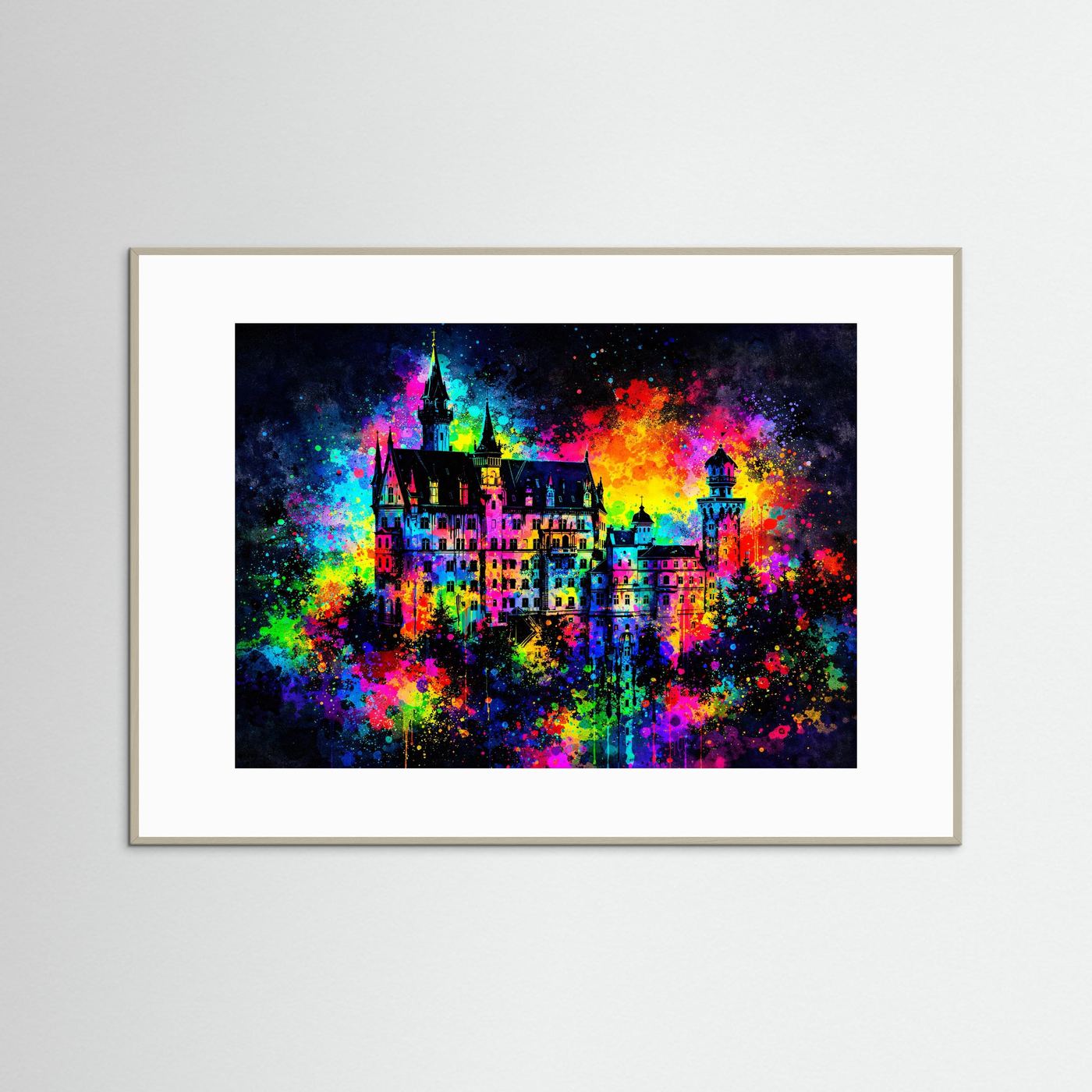 Märchenschloss Neuschwanstein in Farbexplosion | Buntes Schloss Wandbild & Kunst Poster Querformat