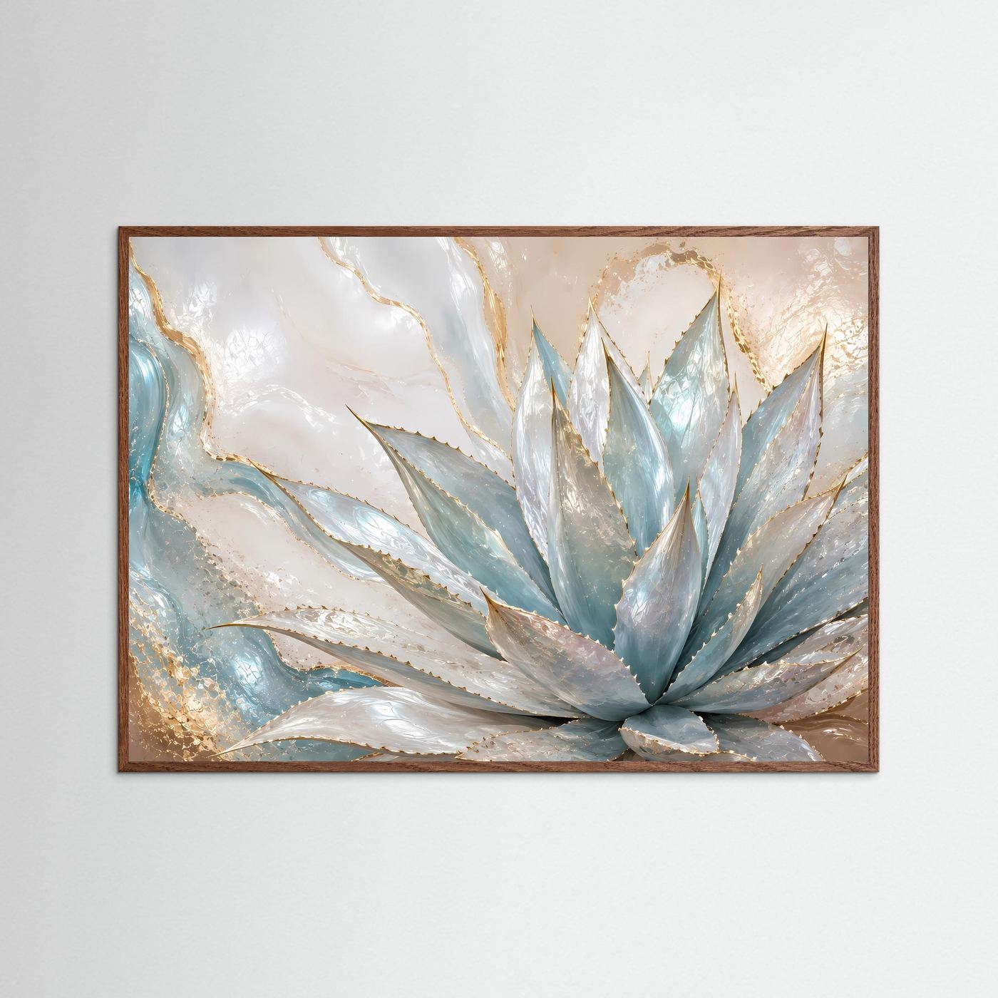 Poster mit abstrakter Agave in Blau, Creme und Perlmutt-Gold im dunklen Eichenrahmen, Querformat