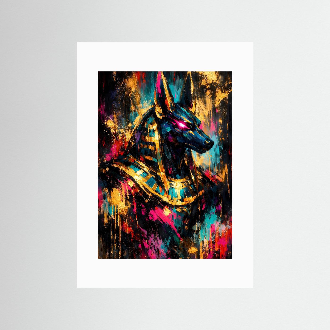 Ägyptisches Anubis-Poster mit weißem Passepartout, blau-schwarzer Figur und goldenen Details