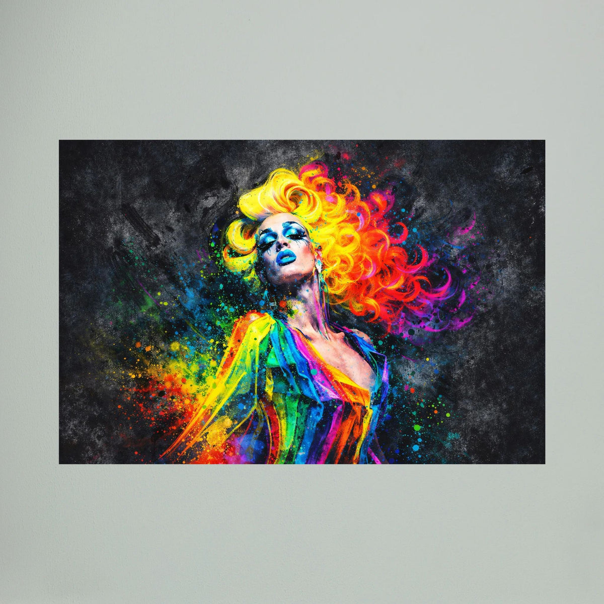 Nahes Pop-Art-Wandbild im Querformat: Porträt einer Frau mit farbenfrohem Haar