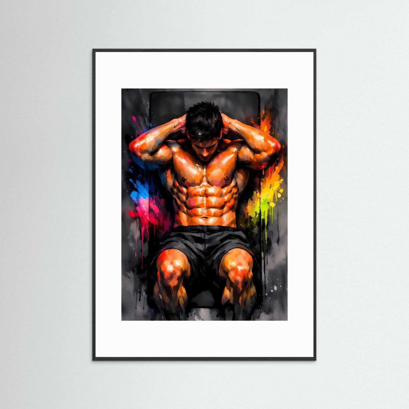 Die Kraft der Mitte | Sit-Ups Fitness Poster in dynamischen Neonfarben | Abstraktes Kunstposter Hochformat