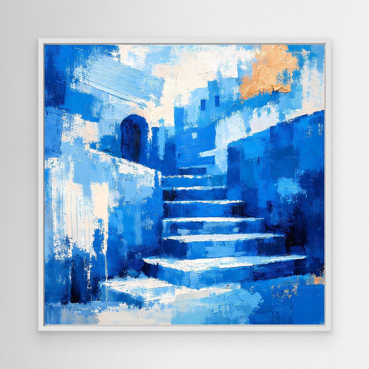 Abstraktes Leinwandbild mit blauer Gasse, Treppenstufen, weißer Rahmen