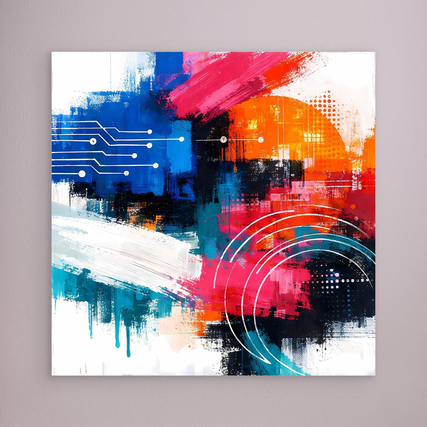 Abstract canvas wall art with blue, red, orange blocks, circuit lines, and red arc rings; no visible frame