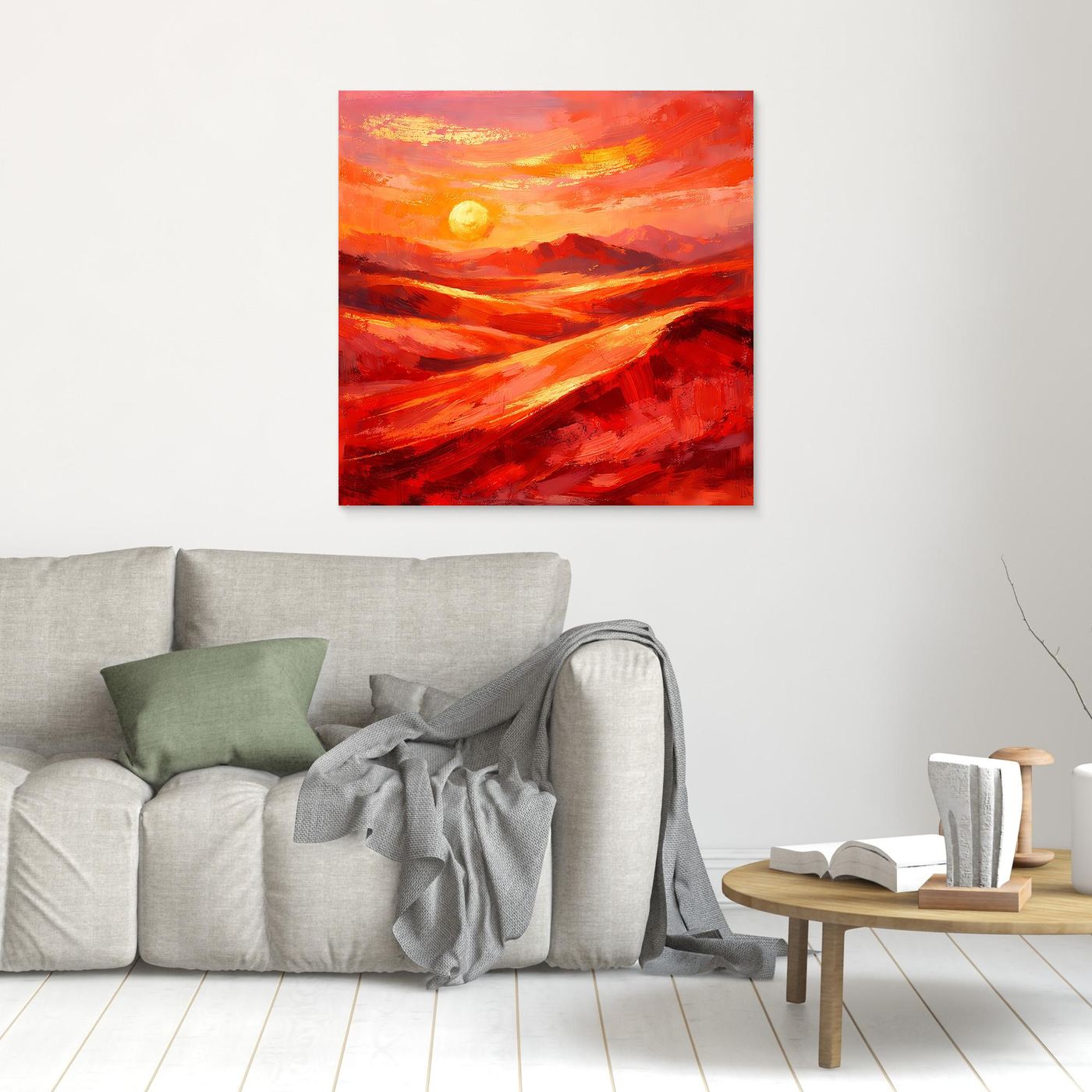 Kleines Leinwandbild mit abstraktem Sonnenaufgang in Rot-Orange, ohne sichtbaren Rahmen