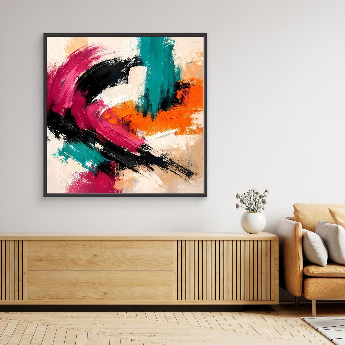 Abstraktes Leinwandbild mit Farbwirbeln in Pink, Grün und Orange, schwarzer Rahmen