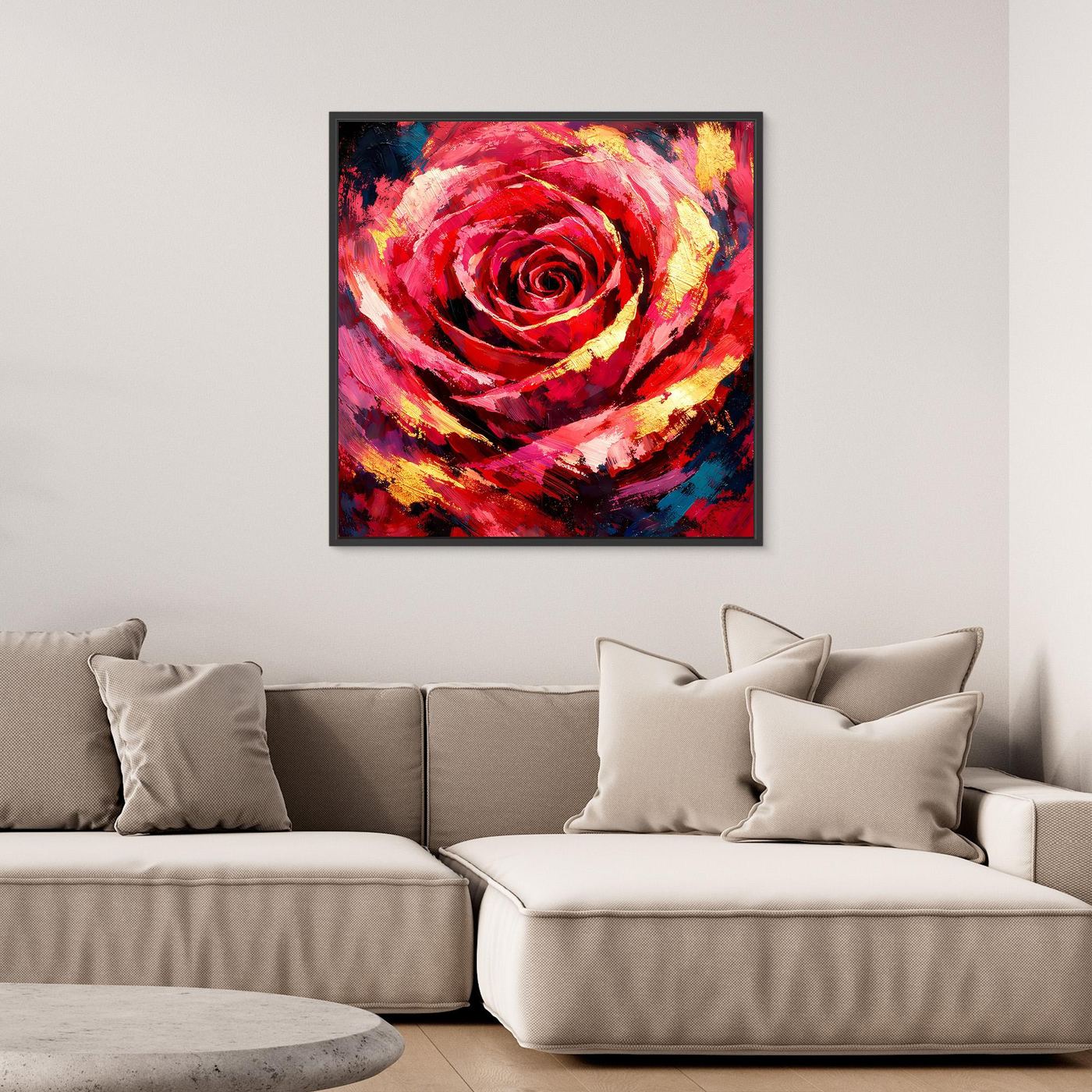 Gerahmtes Leinwandbild mit abstrakter roter Rose, gemalte Textur, gelb-blau Akzente.