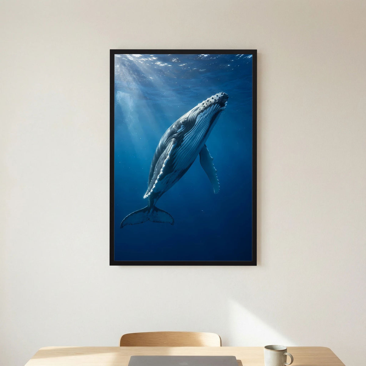 Poster mit Buckelwal unter Wasser, blauer Farbverlauf, Hochformat, schwarzer Rahmen