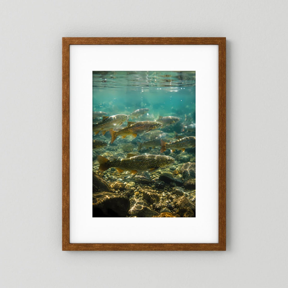 Hochformatposter im braunen Holzrahmen: Forellen unter Wasser, bedeckte Flusssteine