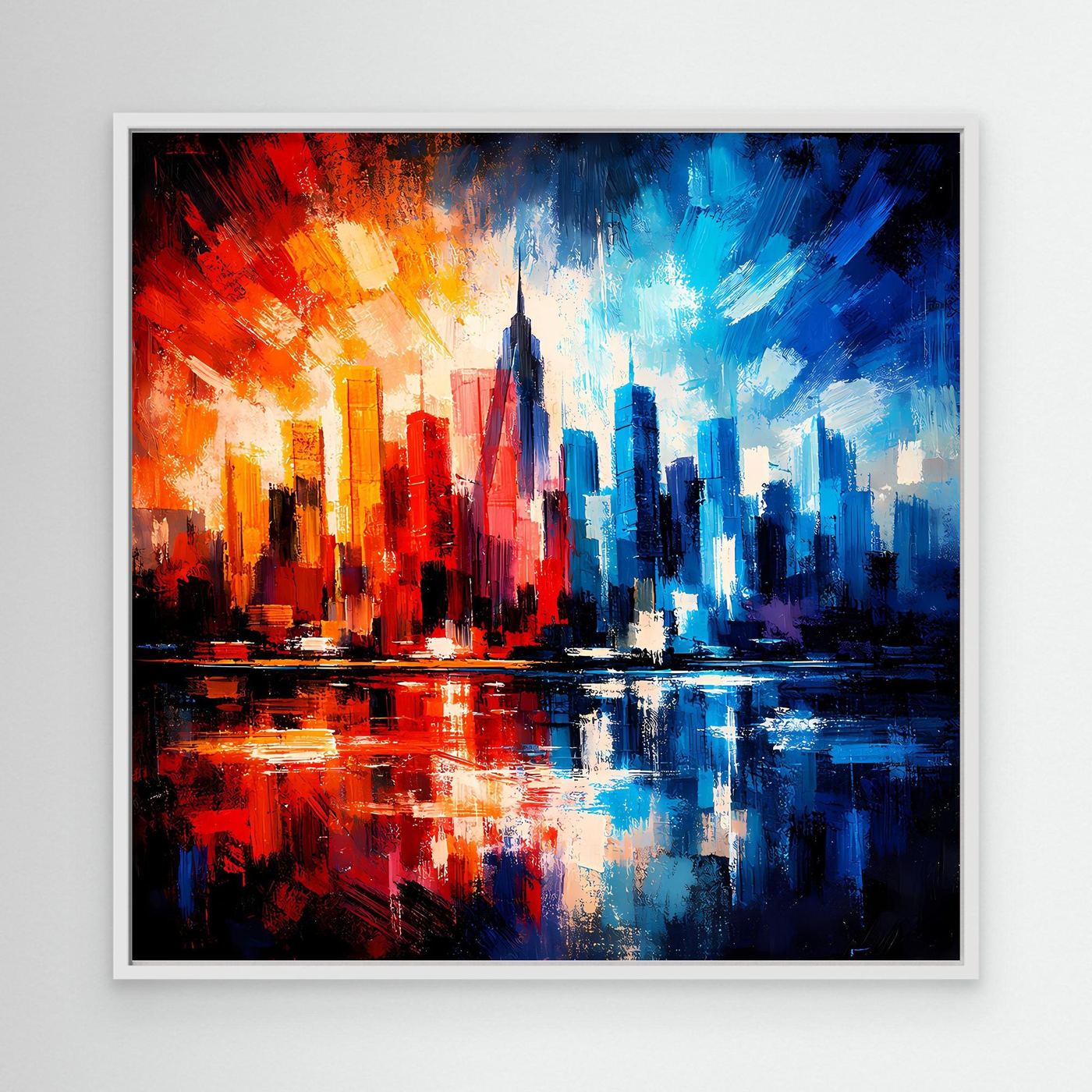 Leinwandbild mit abstrakter Skyline in Rot-, Blau- und Gelbtönen, weißer Rahmen.