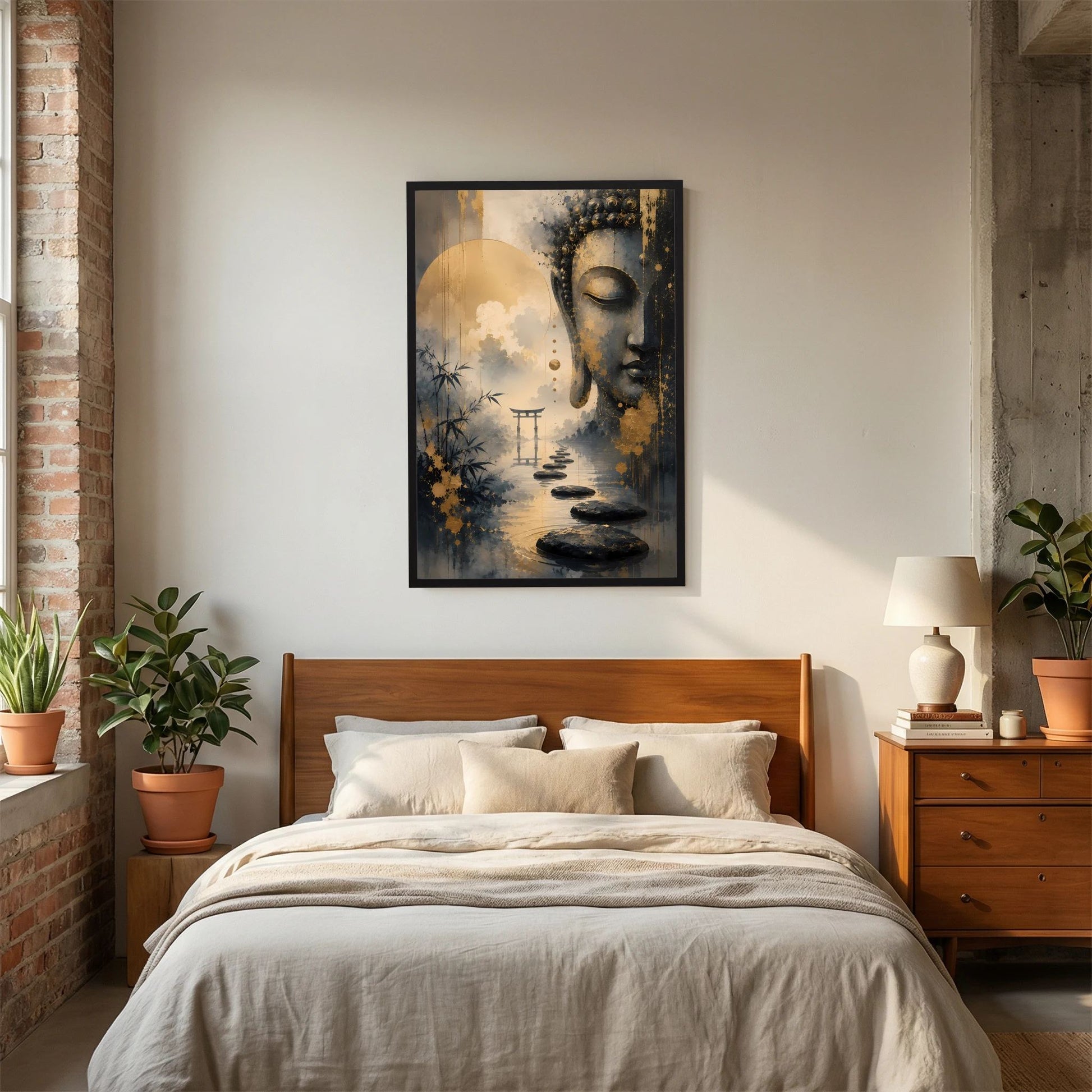 Poster im Hochformat mit Buddha-Gesicht in Gold- und Schwarztönen, Zen-Szene