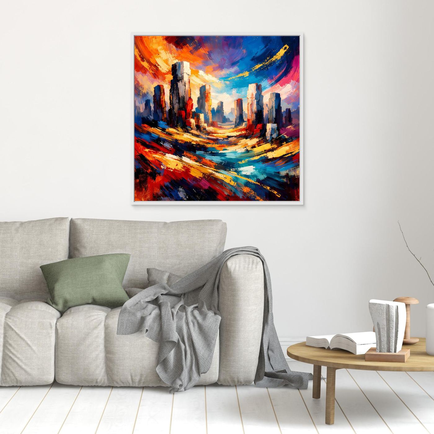 Leinwandbild an der Wand: abstrakte Felslandschaft mit kräftigen Pinselstrichen in Blau, Gelb, Rot