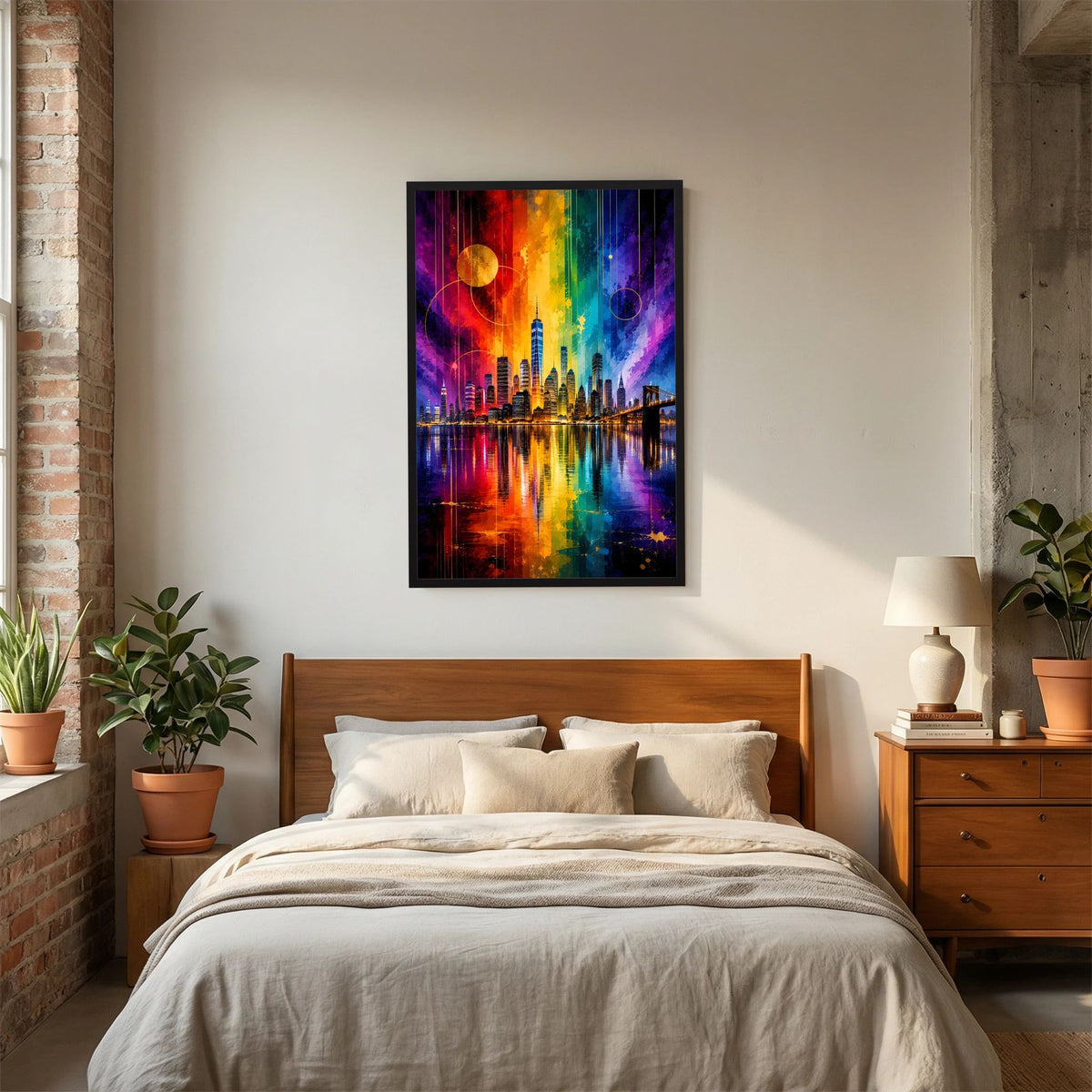 Abstraktes Skyline-City-Poster mit Regenbogenfarben, schwarzer Rahmen und leuchtende Reflexionen