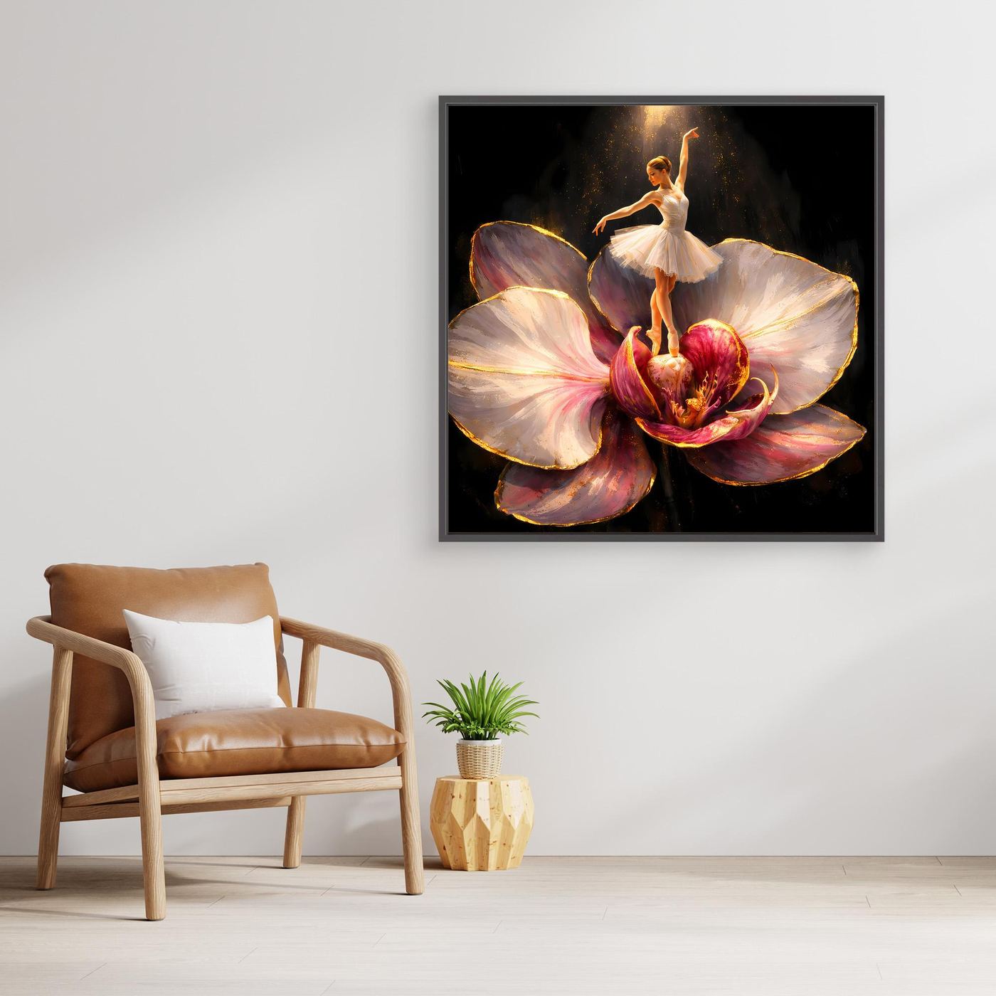 Premium Leinwand Elegante Ballerina auf Orchidee | Abstraktes Ballett Wandbild mit Goldakzenten