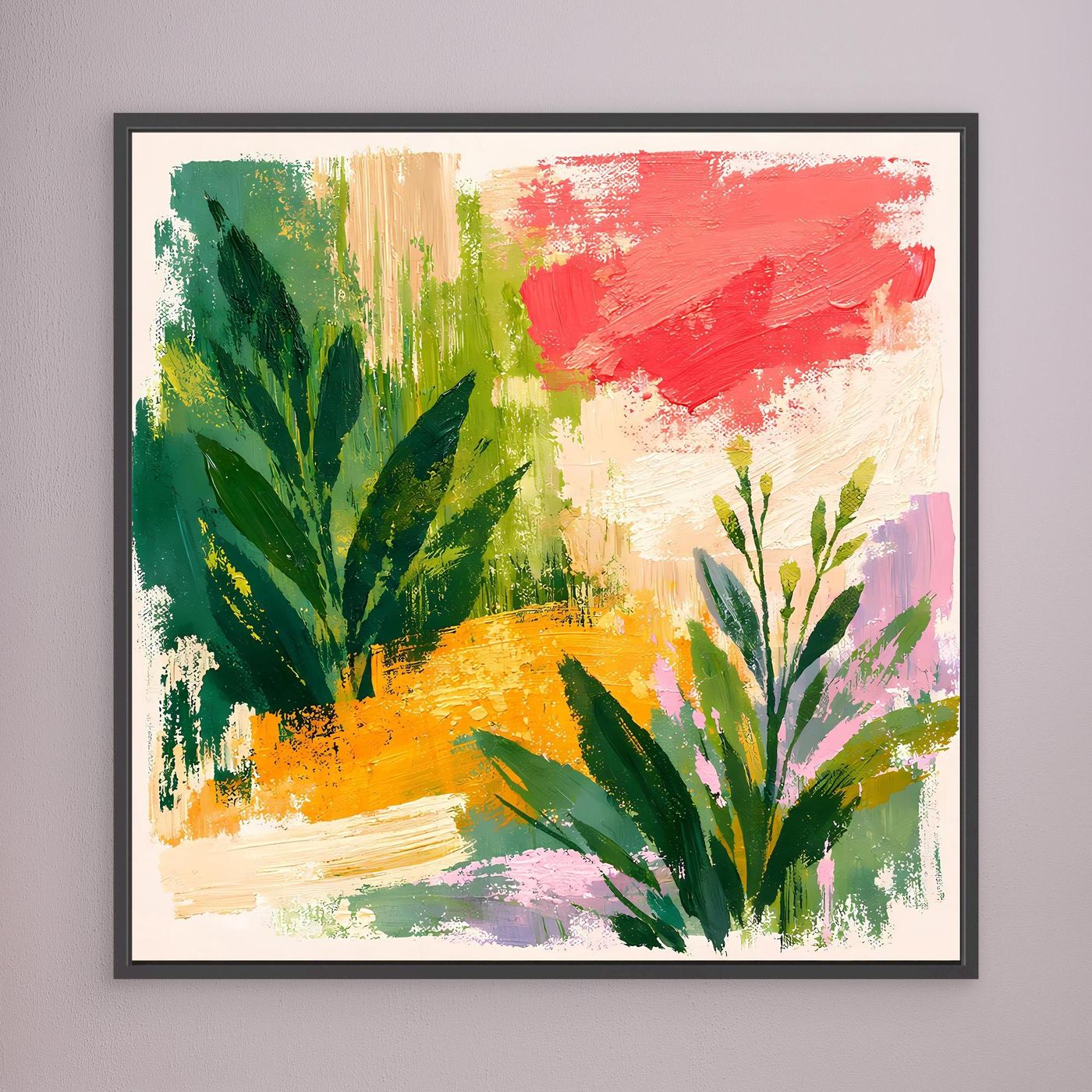 Black-framed abstract botanical canvas wall art with green foliage, red brush strokes, and purple accents.