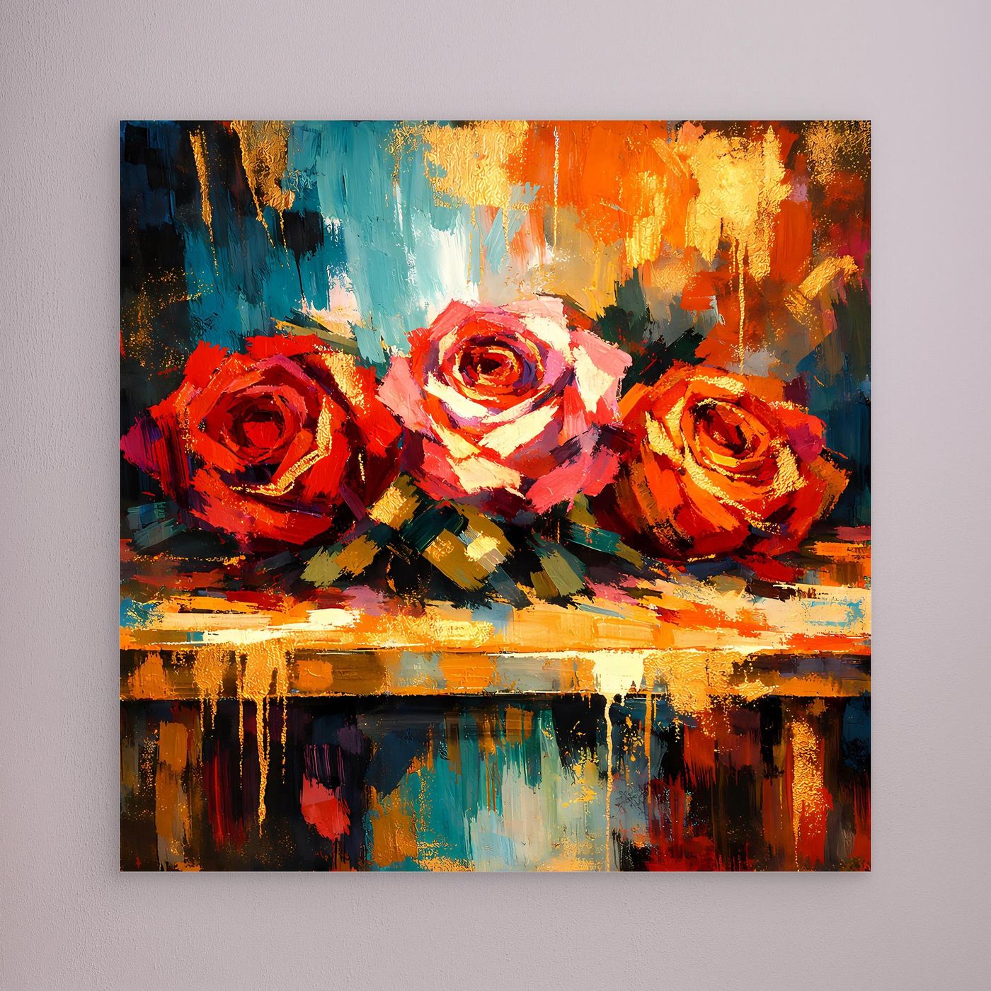 Leinwandbild mit abstrakten Rosen in warmen Farben, ohne sichtbaren Rahmen.