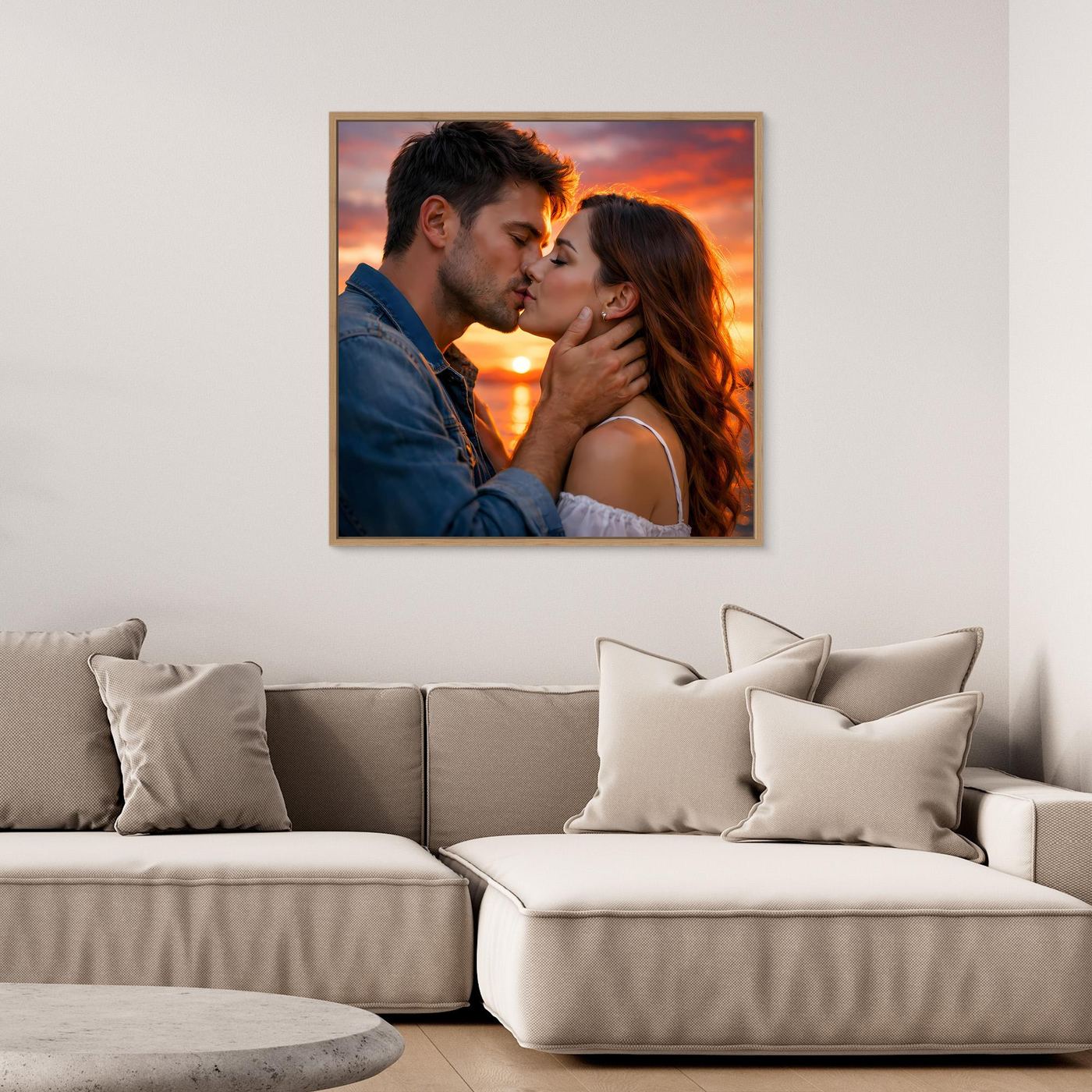 Leinwand Romantischer Kuss im Abendrot | Sinnliches Paar Wandbild