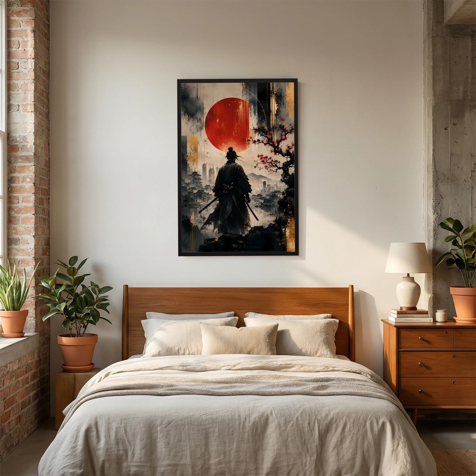 Hochformatiges Kunstposter im hellen Holzrahmen: Samurai-Silhouette, rote Sonne, Schwert