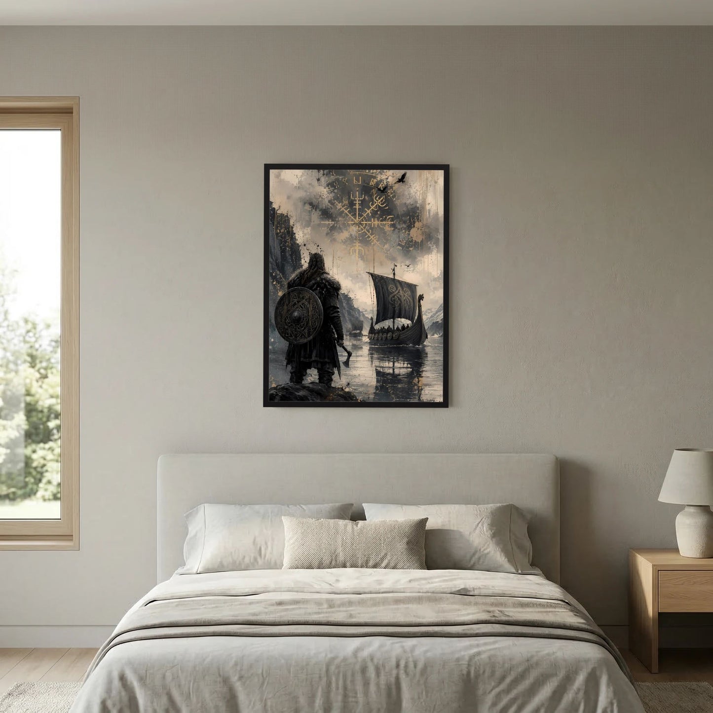 Hochformat-Poster: Wikingerkrieger vor Wasser mit Langschiff und Runensymbolen